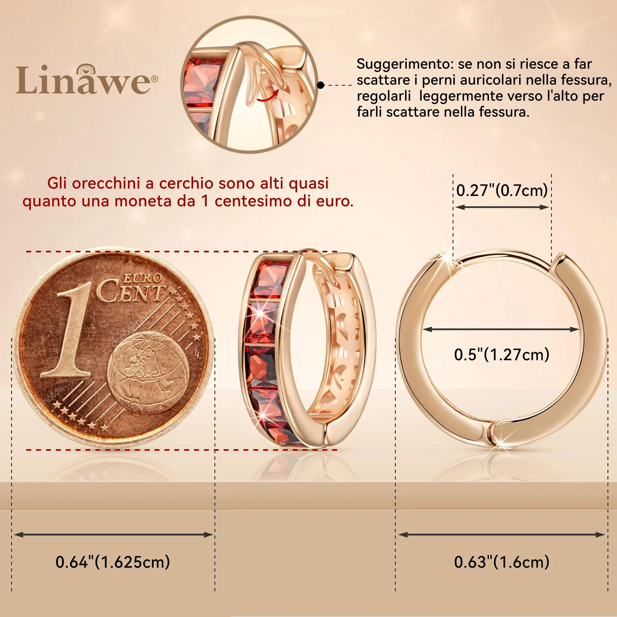 Linawe Orecchini a cerchio Helix Piercing in oro rosa con zirconi rossi e pendente a conchiglia - immagine 2
