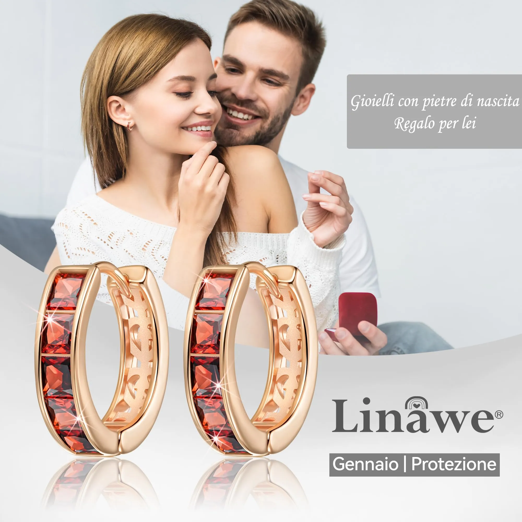 Linawe Orecchini a cerchio Helix Piercing in oro rosa con zirconi rossi e pendente a conchiglia - immagine 5