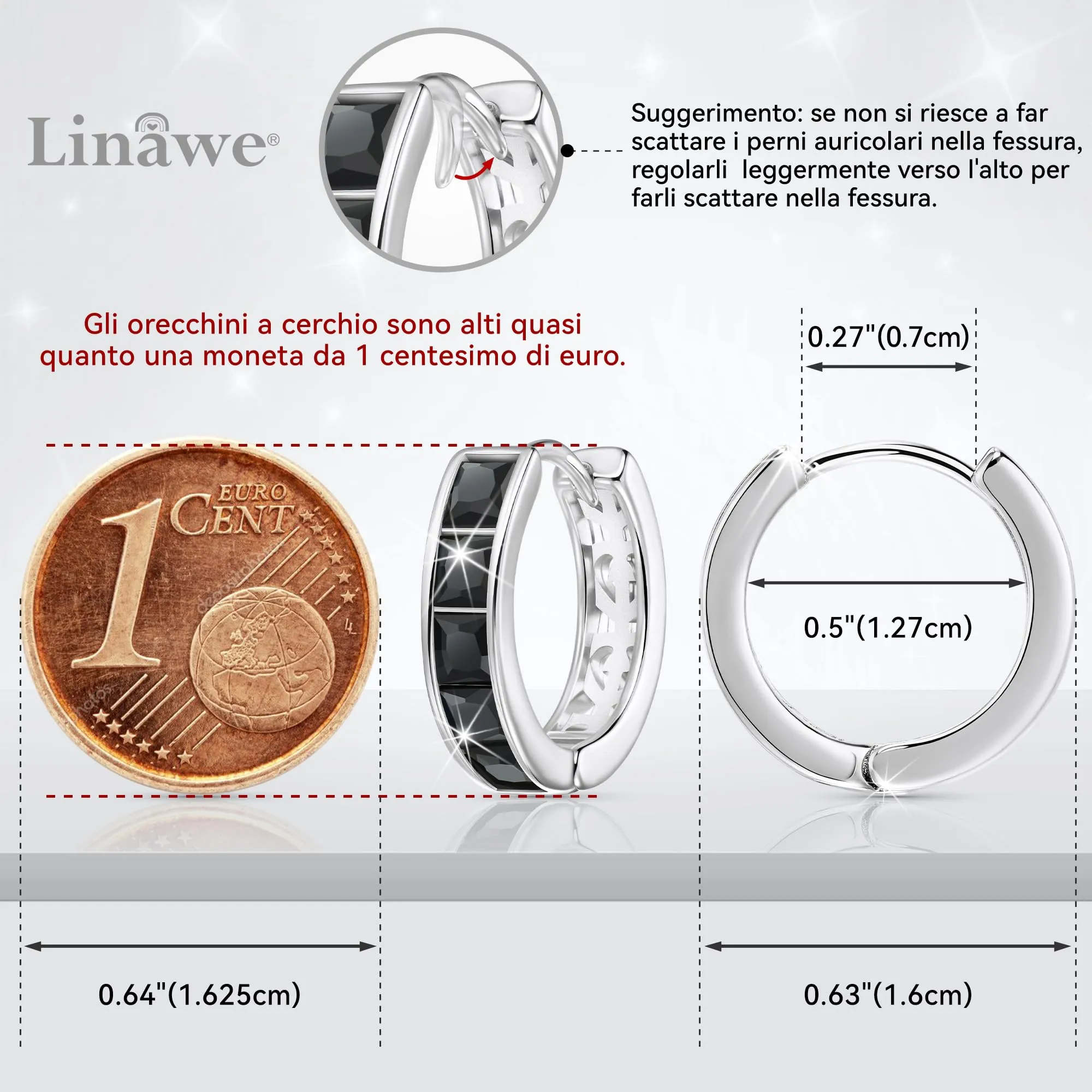 Linawe Orecchini a cerchio piccoli da donna in oro bianco e nero con zirconia cubica - immagine 2
