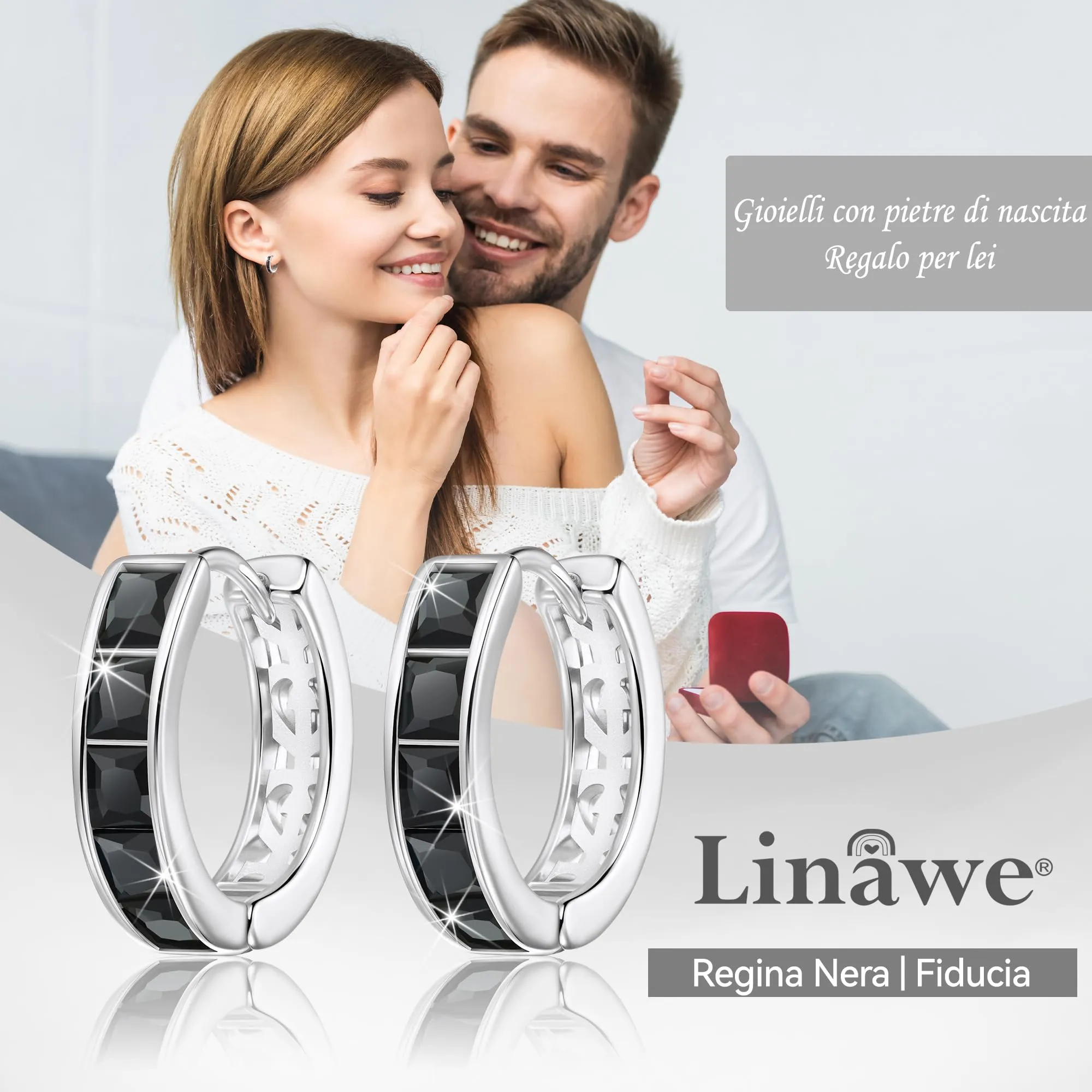 Linawe Orecchini a cerchio piccoli da donna in oro bianco e nero con zirconia cubica - immagine 5