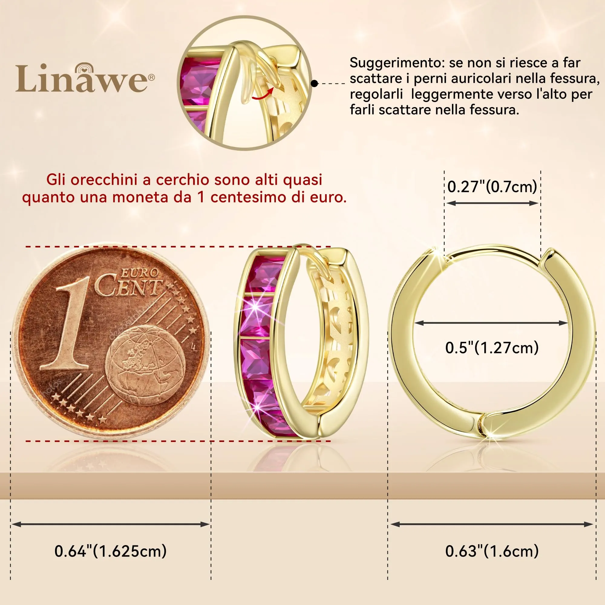 Linawe Orecchini a cerchio placcati in oro con zircone rosa per Helix e cartilagine - immagine 2