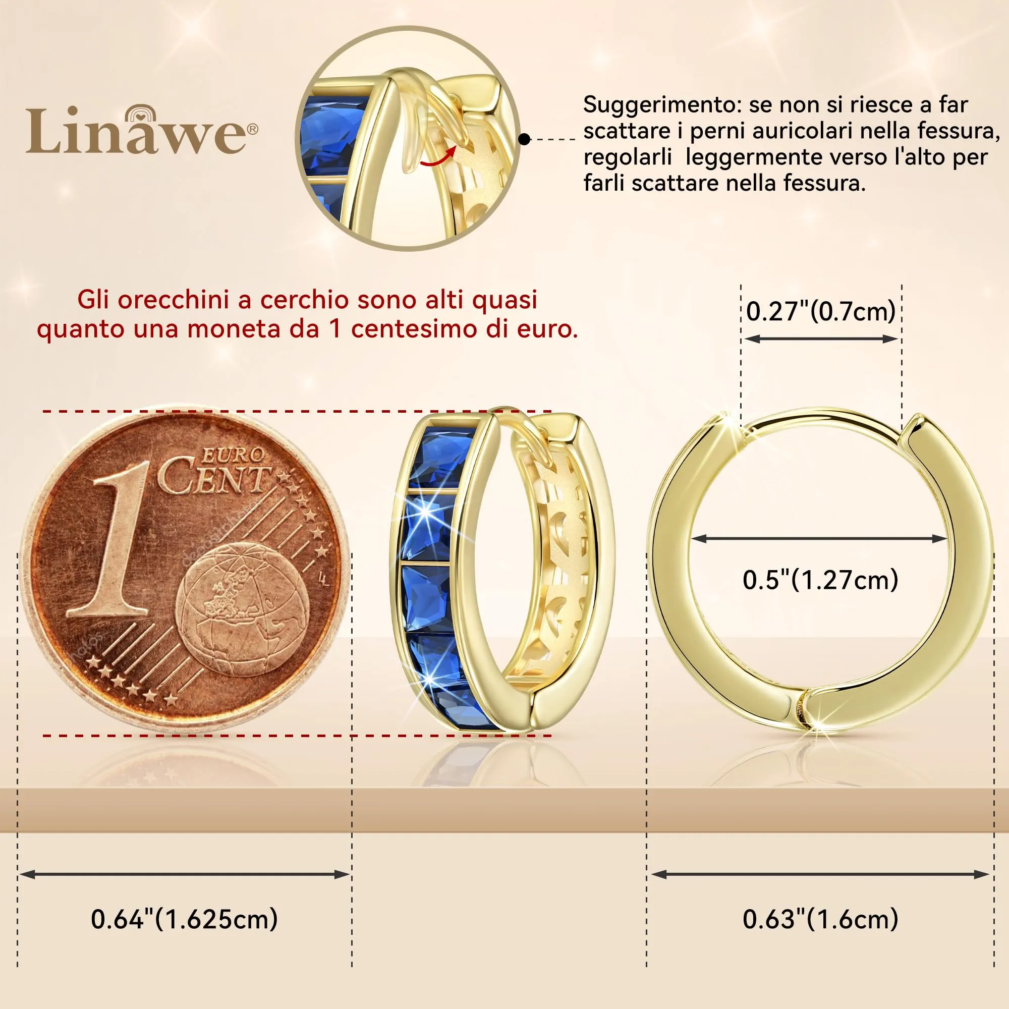 Linawe Orecchini a cerchio piccoli blu in oro 14k con zirconia cubica - immagine 2