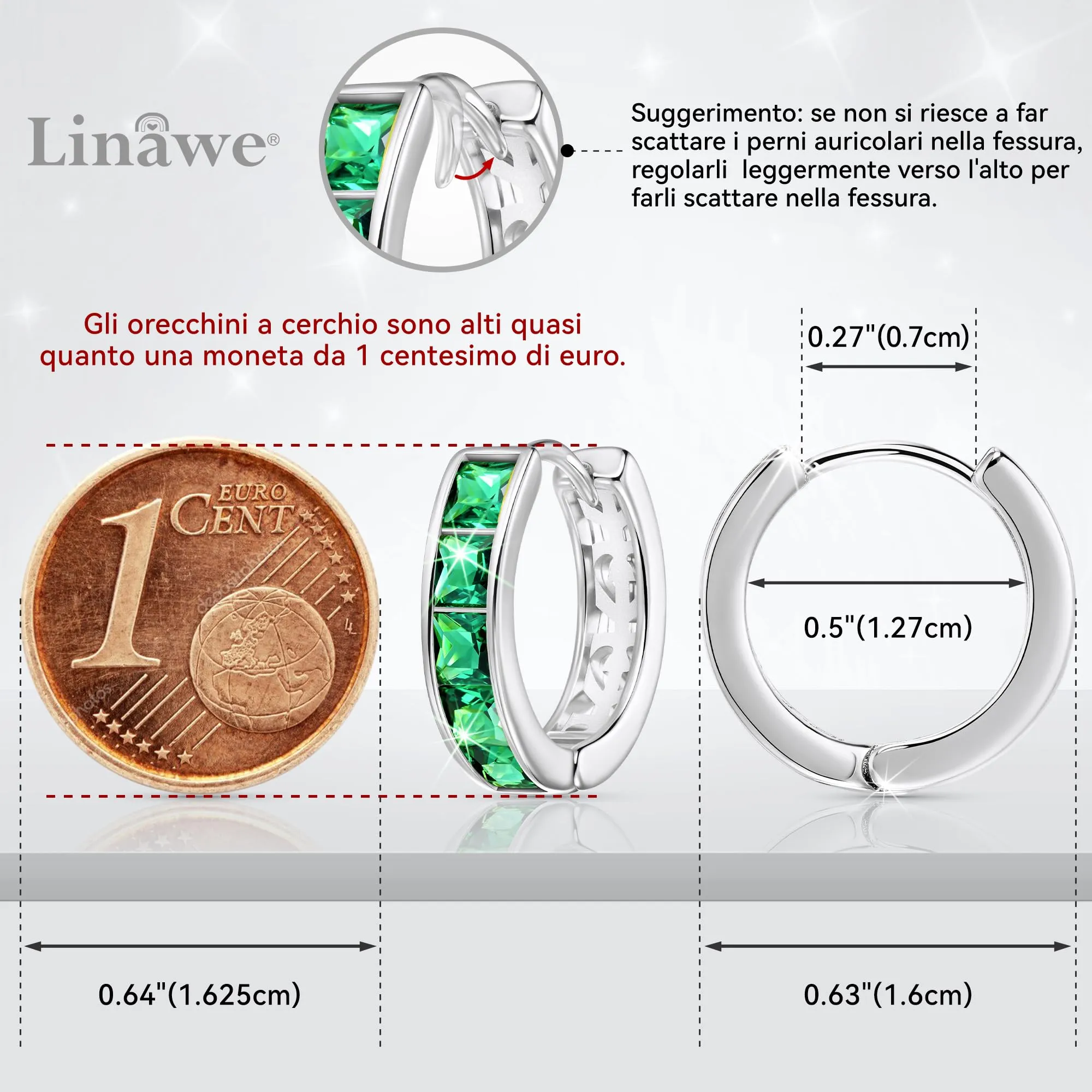 Linawe Orecchini a cerchio mini in oro bianco con zirconia verde smeraldo - immagine 2