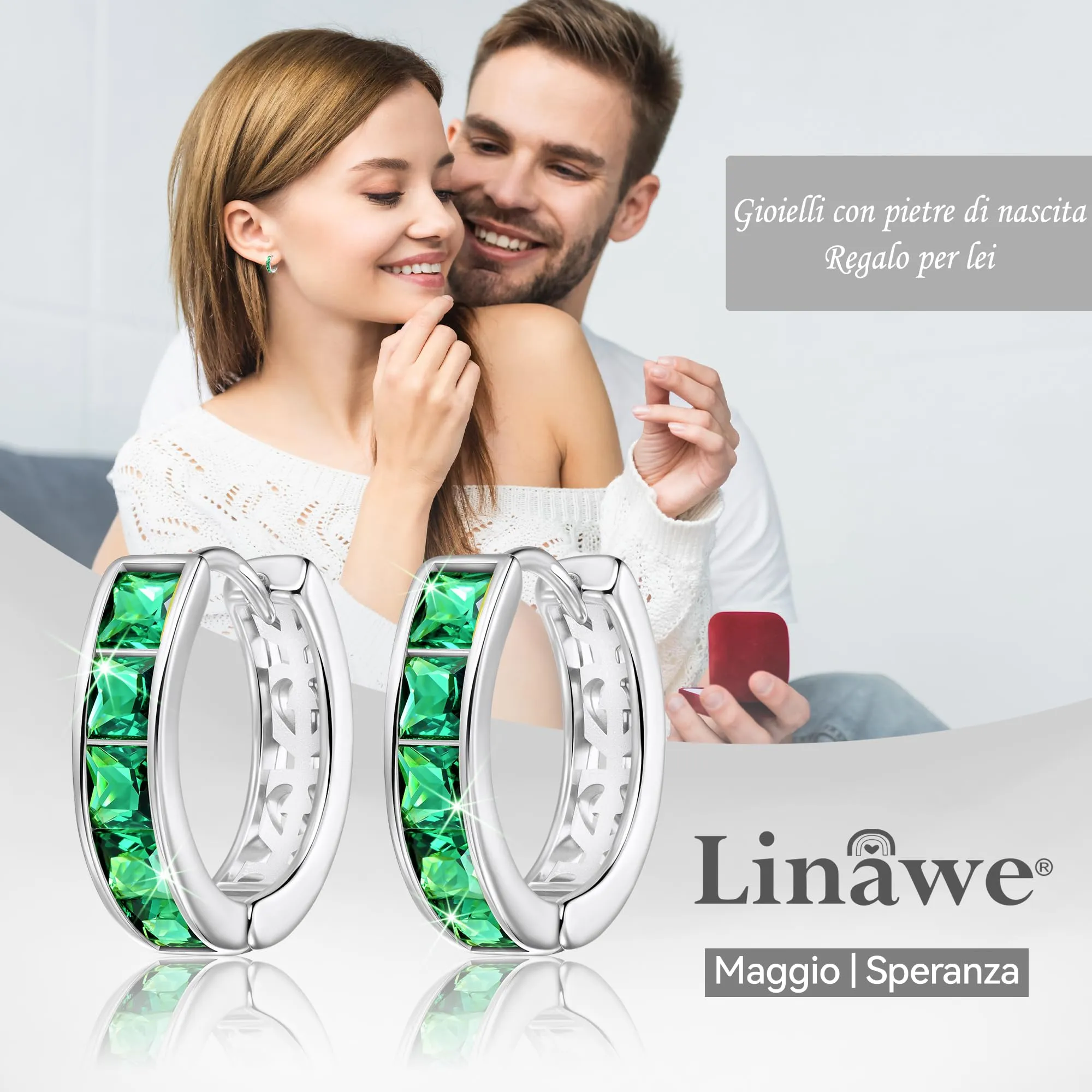 Linawe Orecchini a cerchio mini in oro bianco con zirconia verde smeraldo - immagine 5