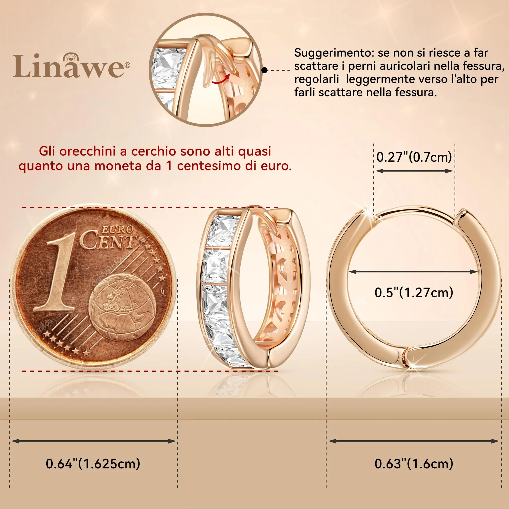 Linawe Mini Orecchini a Cerchio in Oro Rosa con Zirconia Cubica - immagine 2