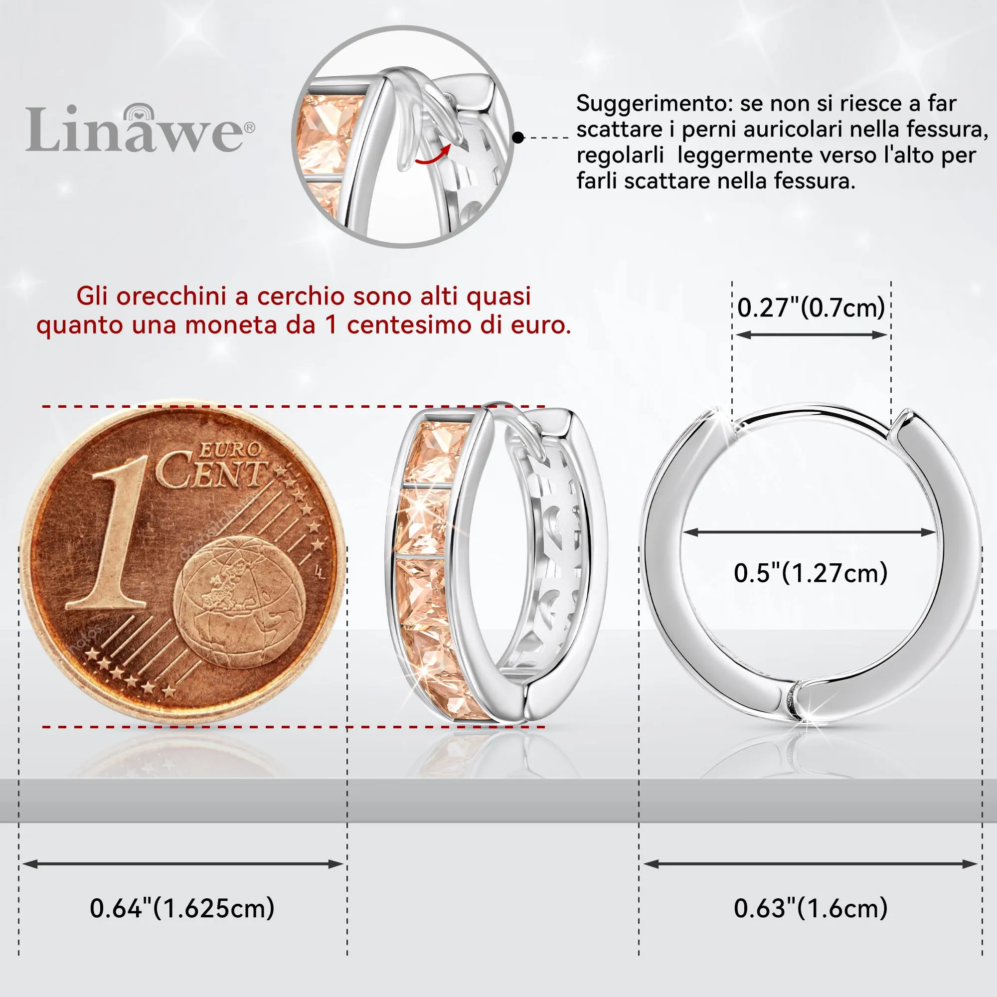 Linawe Orecchini a cerchio piccoli in argento con zirconia gialla, oro bianco - immagine 2