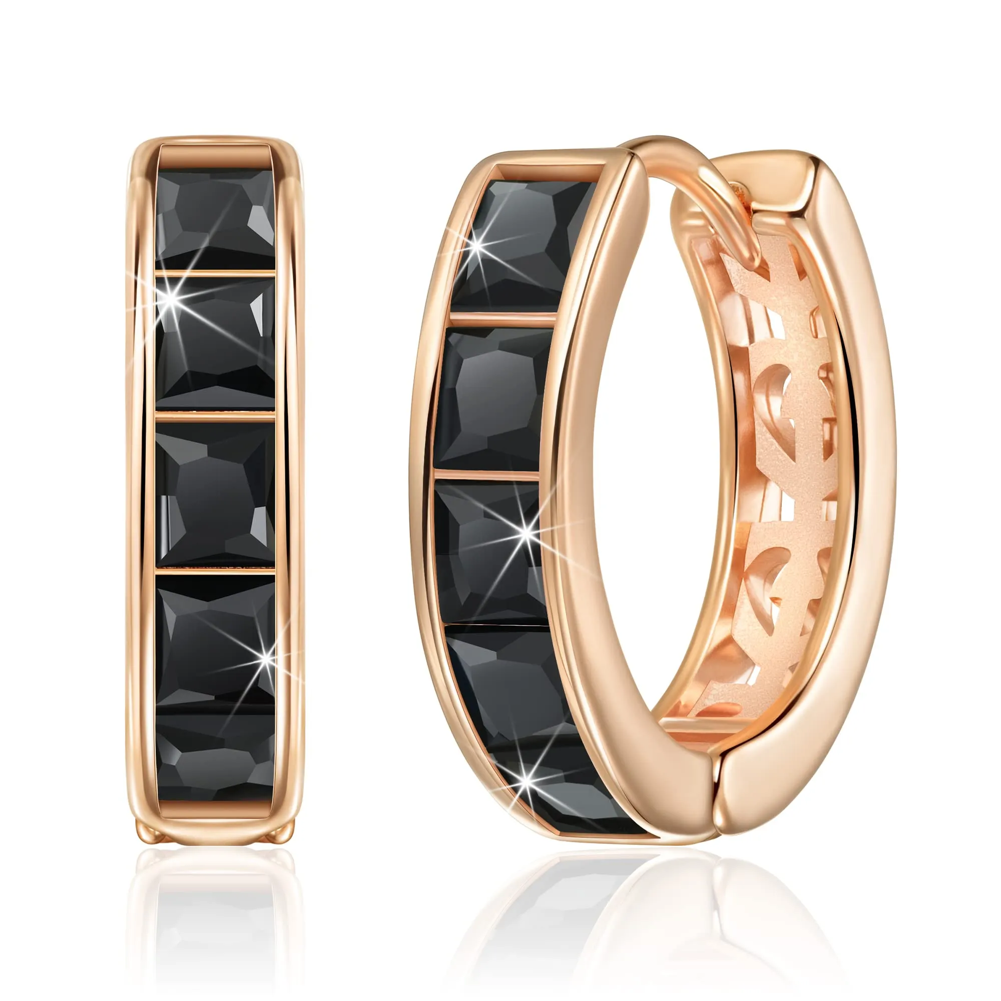 Linawe Orecchini a cerchio da donna in oro rosa e nero con zirconia cubica - immagine 1