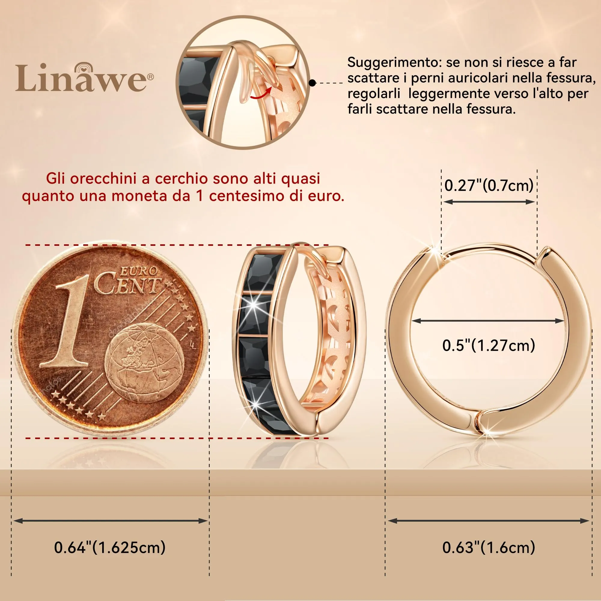 Linawe Orecchini a cerchio da donna in oro rosa e nero con zirconia cubica - immagine 2