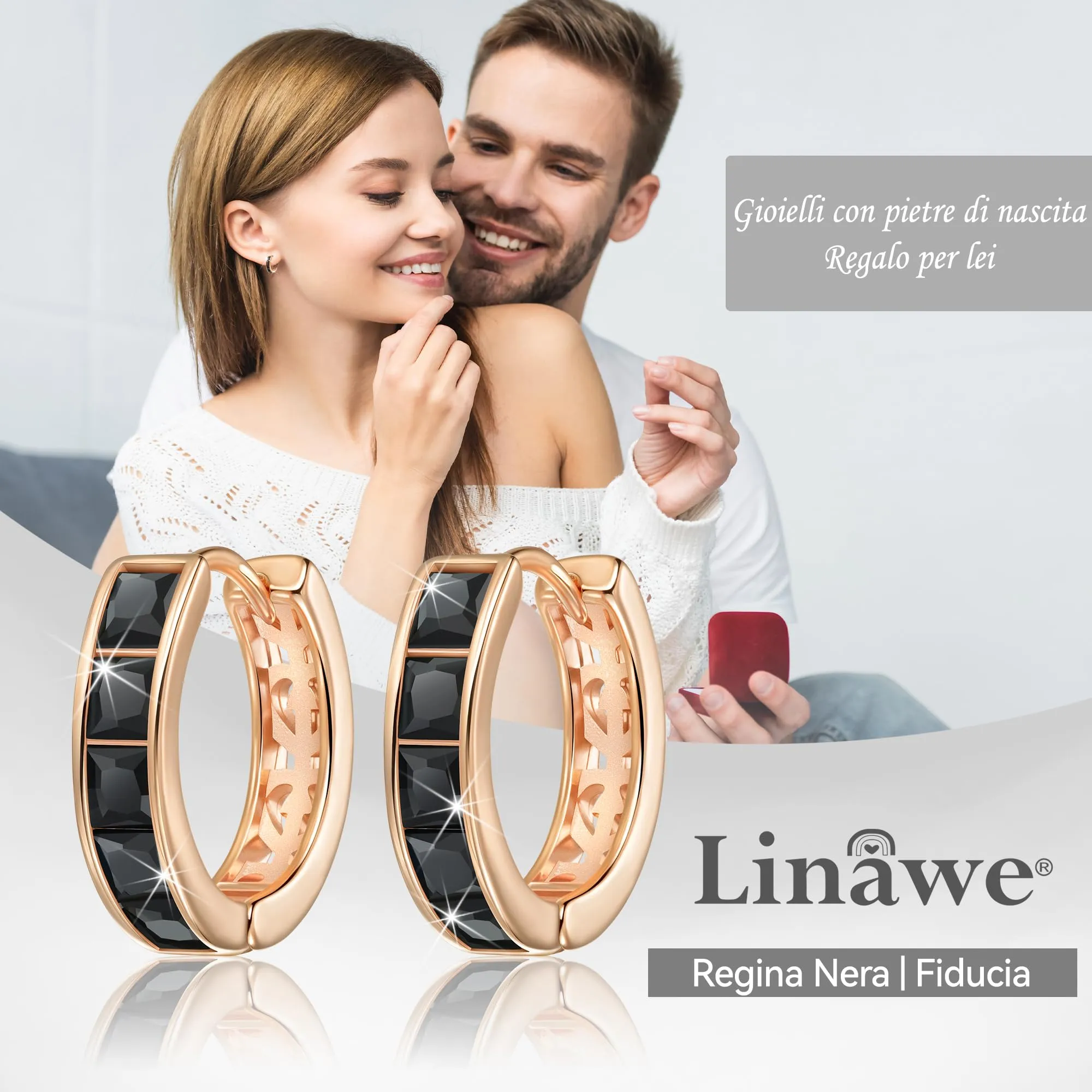 Linawe Orecchini a cerchio da donna in oro rosa e nero con zirconia cubica - immagine 5