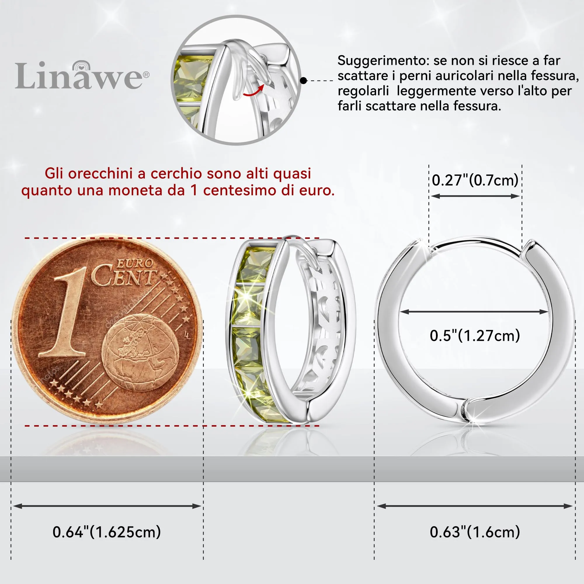 Linawe Orecchini a cerchio in argento con zirconia verde peridoto per donna - immagine 2