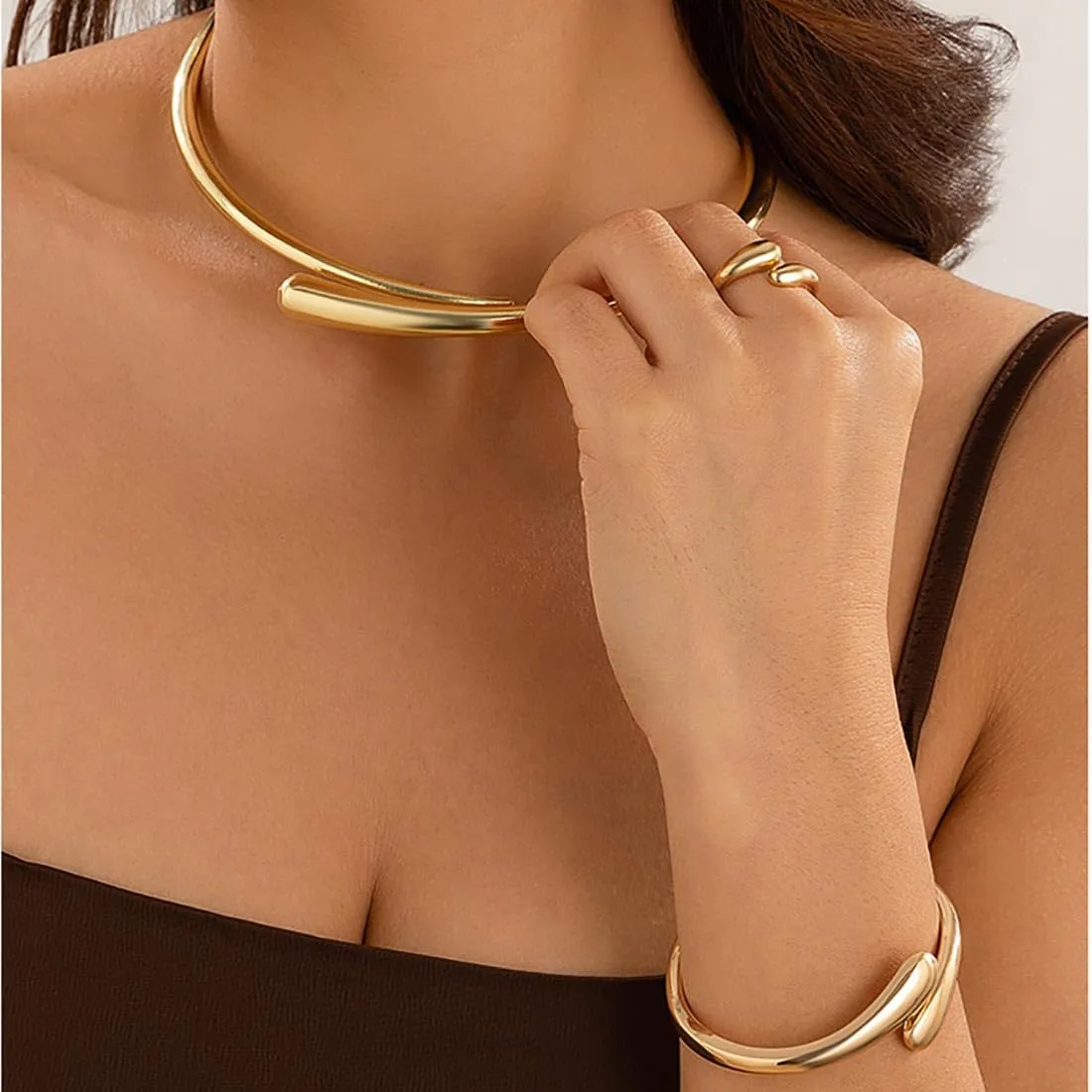 Cubahop Geometrico Metallo Choker Set Collana Braccialetto Anelli Oro - immagine 2
