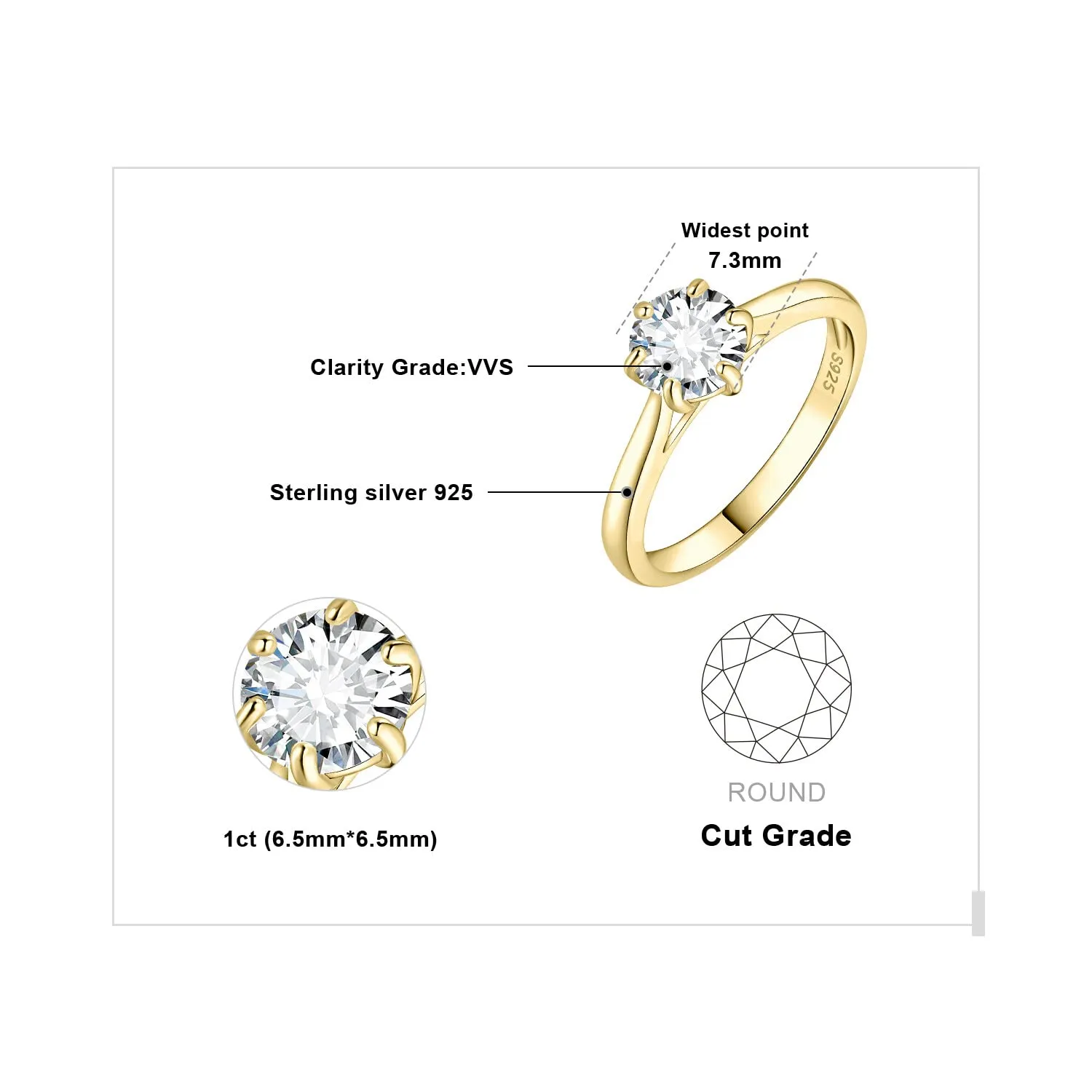 JewelryPalace Classic Anello Solitario Donna Argento 925 con Moissanite 1ct, Oro, Taglia 14.5 - immagine 2