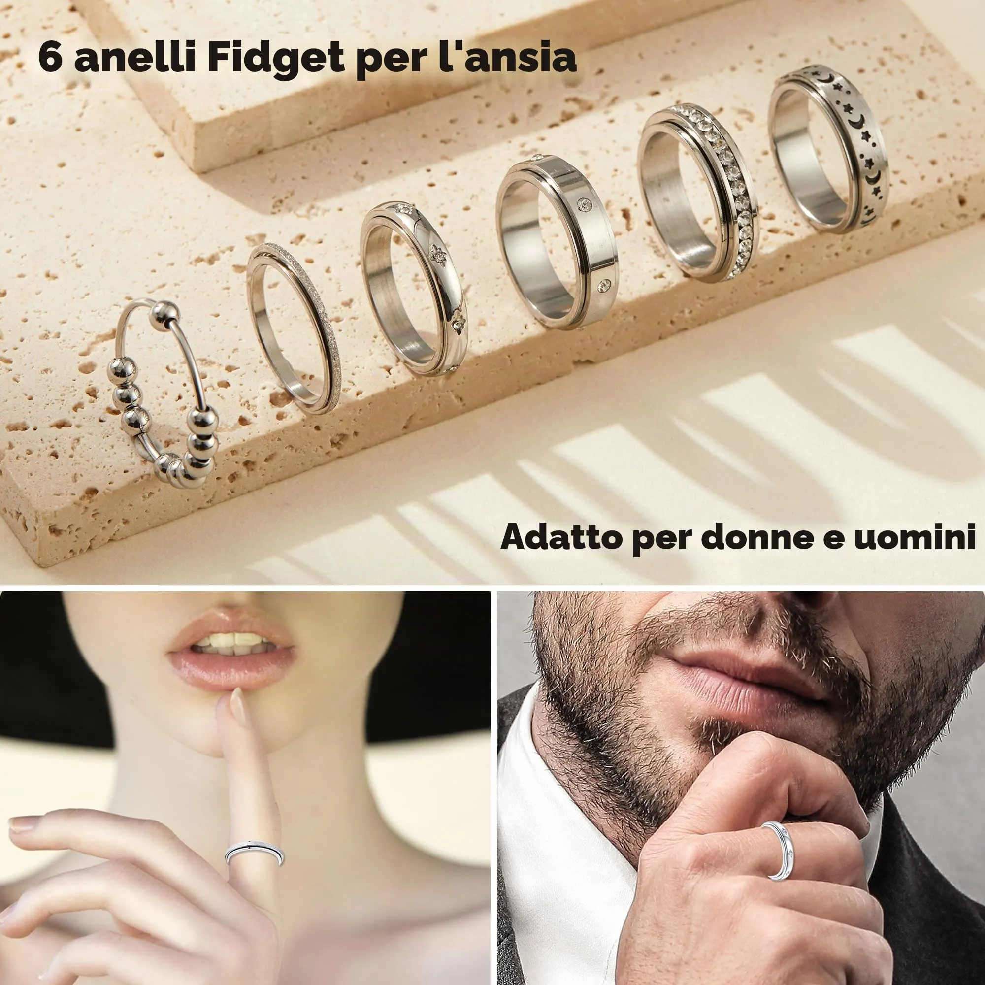 LOFITOR Set di 6 Anelli Antistress Spinner in Acciaio Inossidabile con CZ Luna e Stella per Donne e Uomini - immagine 3