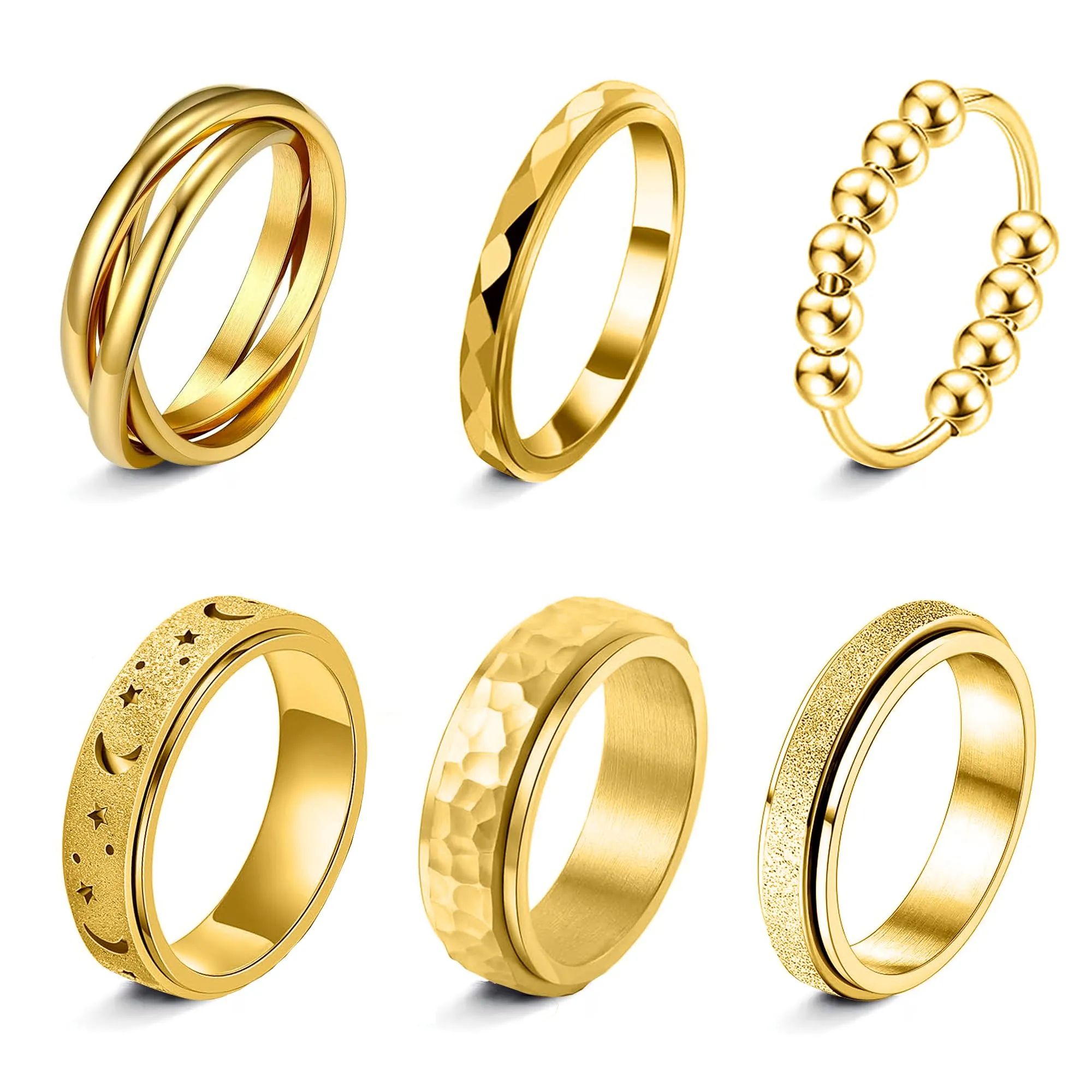 LOFITOR Set di 6 Anelli Anti Stress e Ansia Spinner in Acciaio Inossidabile con CZ Luna e Stella per Donne e Uomini - immagine 1