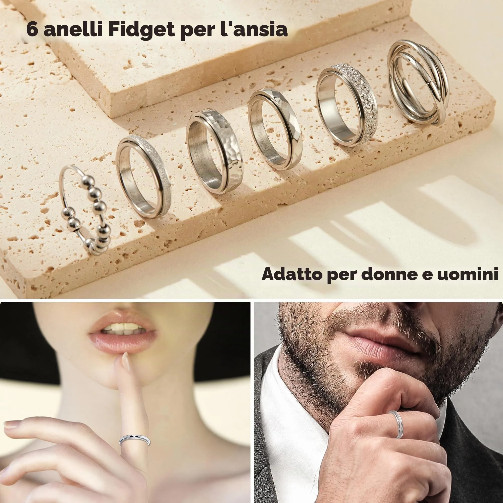 LOFITOR Set 6 Anelli Spinner Antistress in Acciaio Inossidabile con CZ Luna e Stella per Donne e Uomini - immagine 3