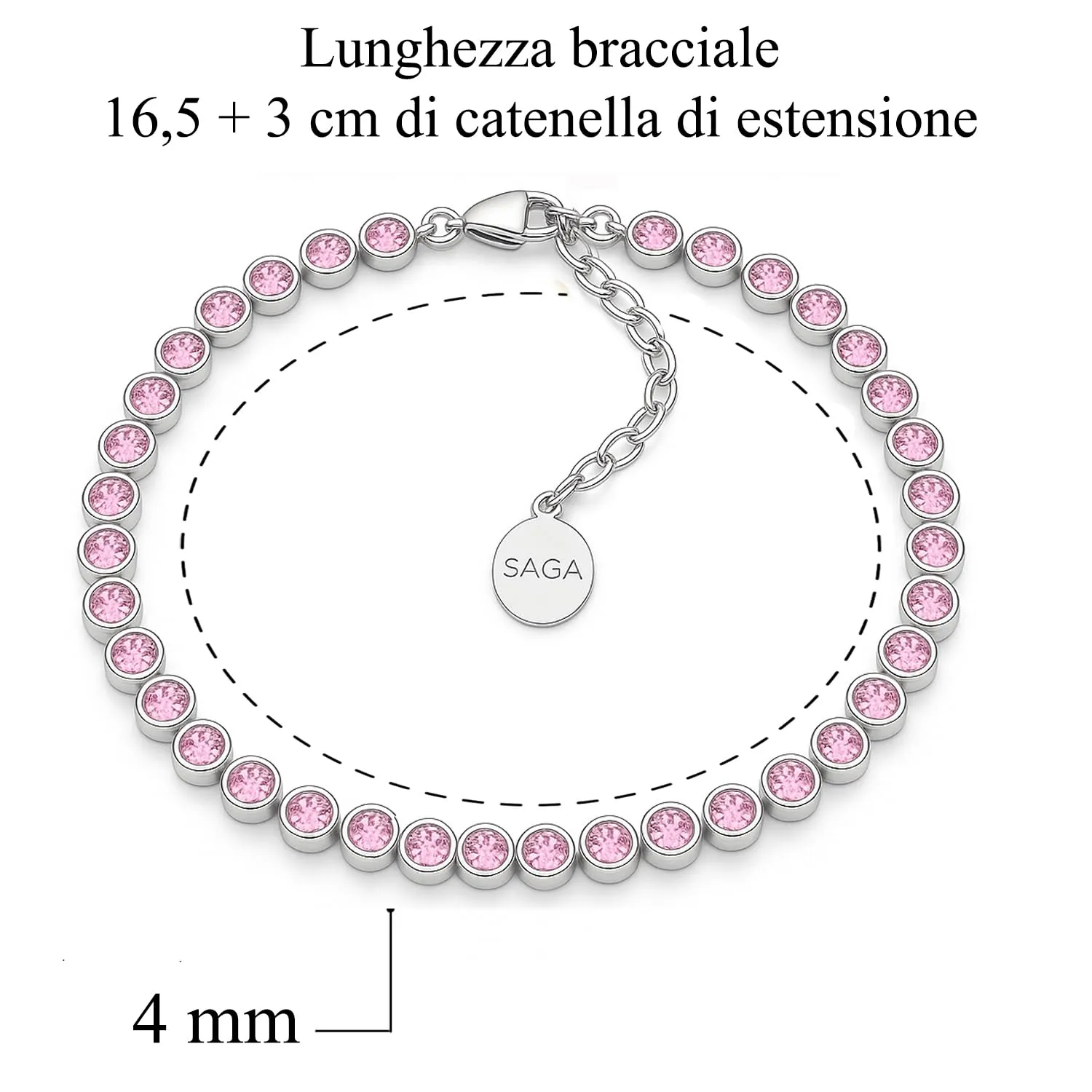 SAGA GIOIELLI Bracciale Tennis Unisex in Acciaio Inossidabile, Zirconi 4 mm, 16,5+3 cm, Rosa - immagine 2
