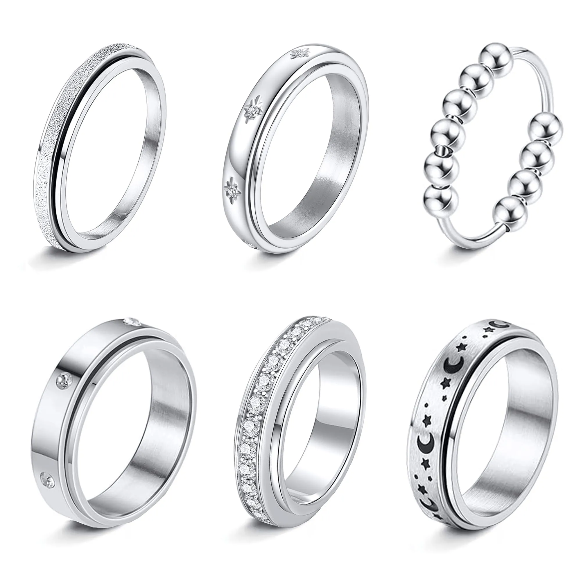 LOFITOR Set di 6 Anelli Spinner Anti Stress in Acciaio Inossidabile con CZ, Luna e Stella per Donne e Uomini - immagine 1