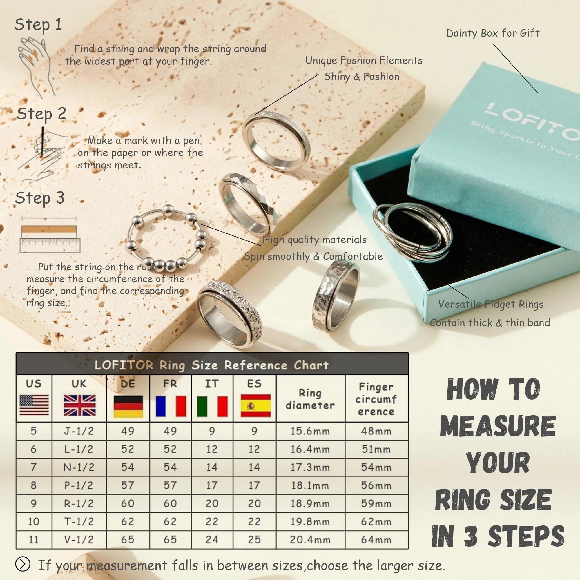 LOFITOR Set di 6 Anelli Spinner Anti Stress in Acciaio Inossidabile con CZ Luna e Stella per Donne e Uomini - immagine 4