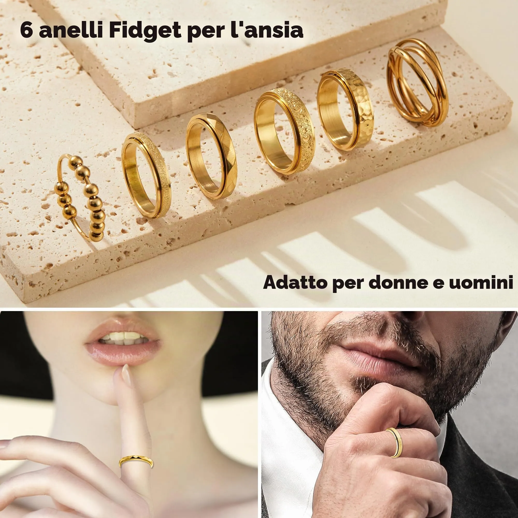 LOFITOR Set di 6 Anelli Spinner Antistress in Acciaio Inossidabile con CZ Luna e Stella per Donne e Uomini - immagine 3