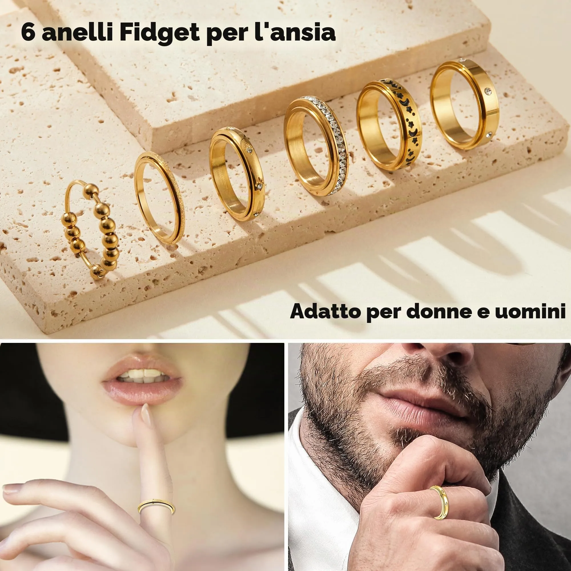 LOFITOR Set 6 Anelli Spinner Antistress in Acciaio Inossidabile con CZ Luna e Stella per Donne e Uomini - immagine 3