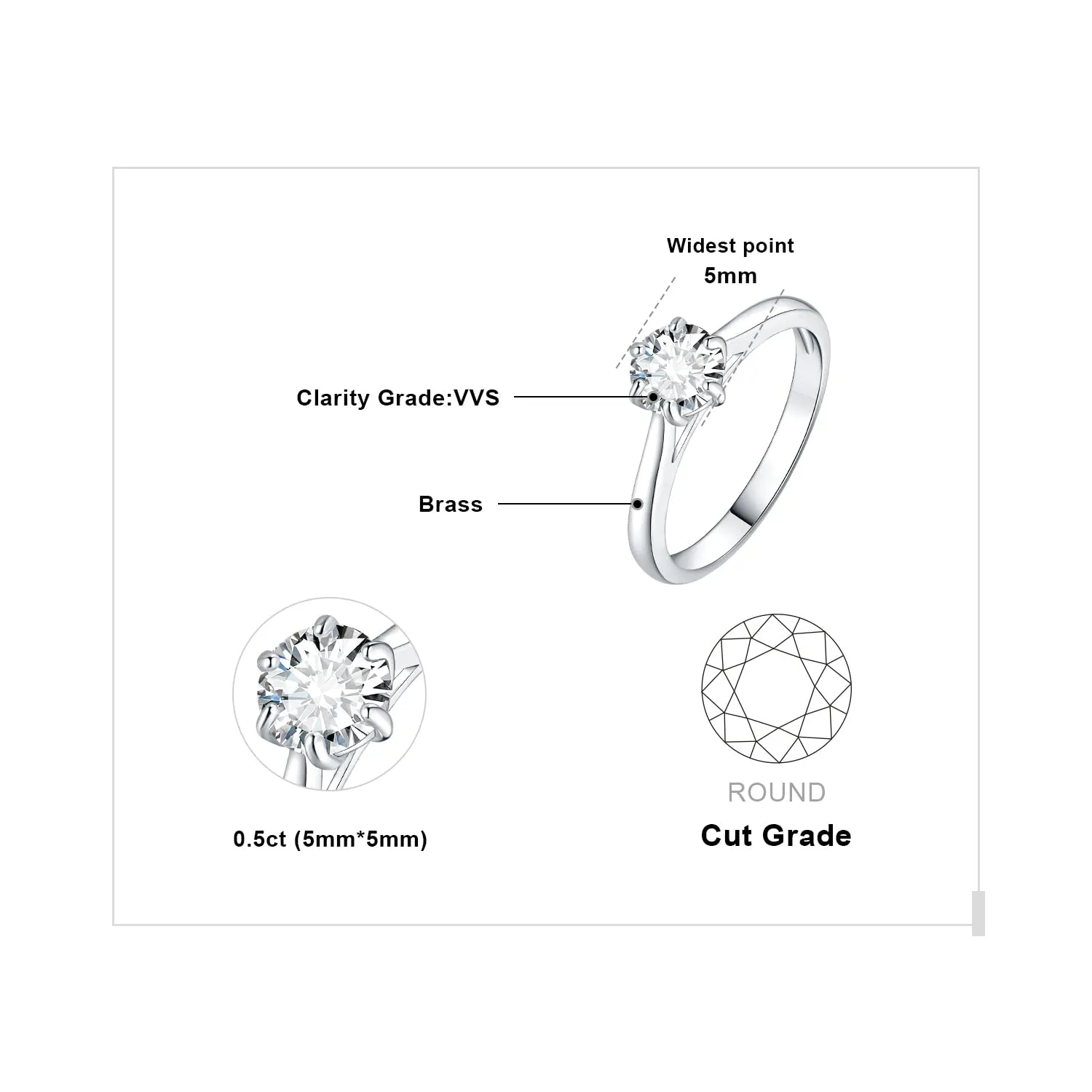 JewelryPalace Anello Solitario Donna 0.5ct Moissanite Placcato Oro Bianco 14K, Misura 16 - immagine 2
