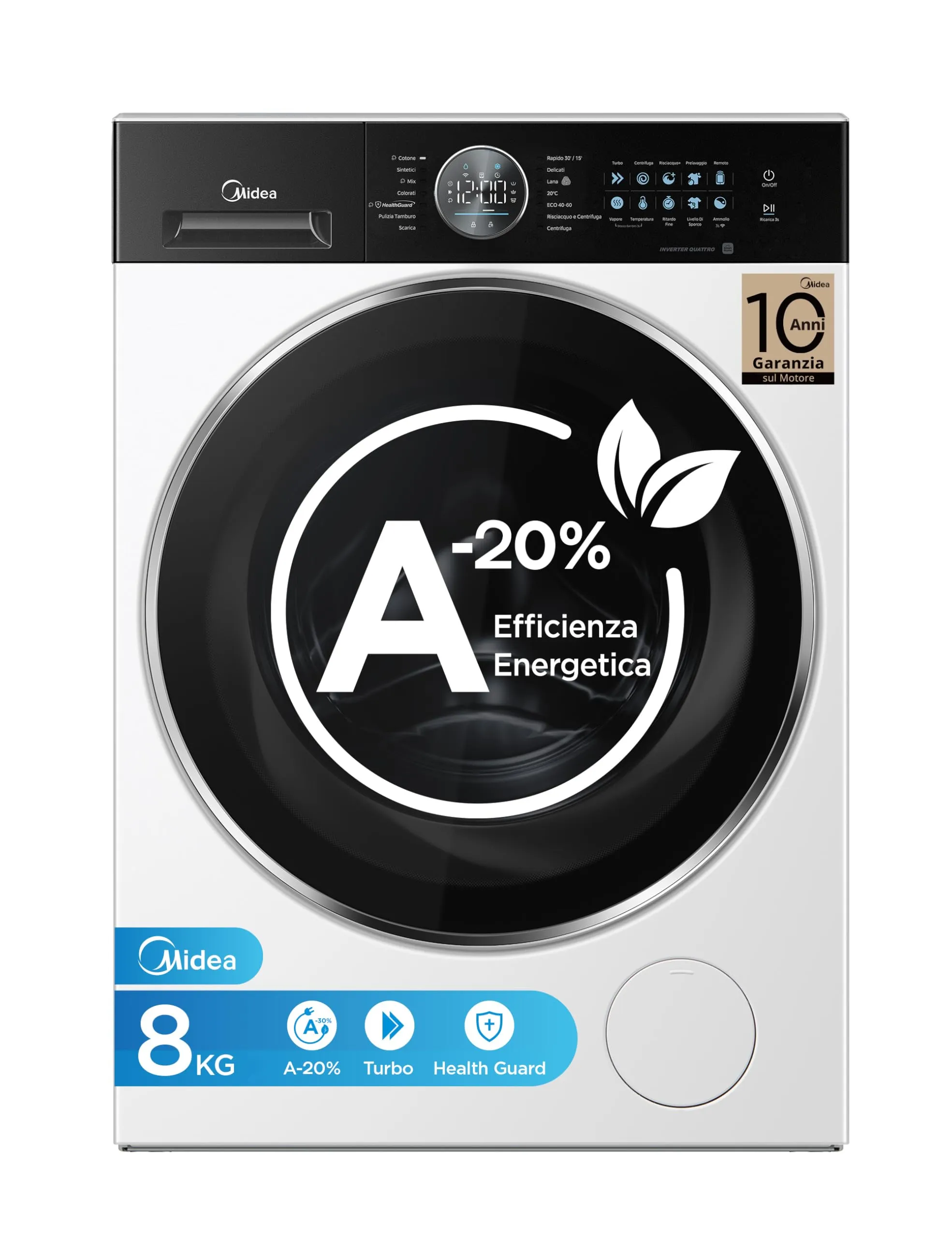 Midea MF21EW80B Lavatrice 8 kg Classe A-20% 1400 Giri Silent Inverter Motor - immagine 1