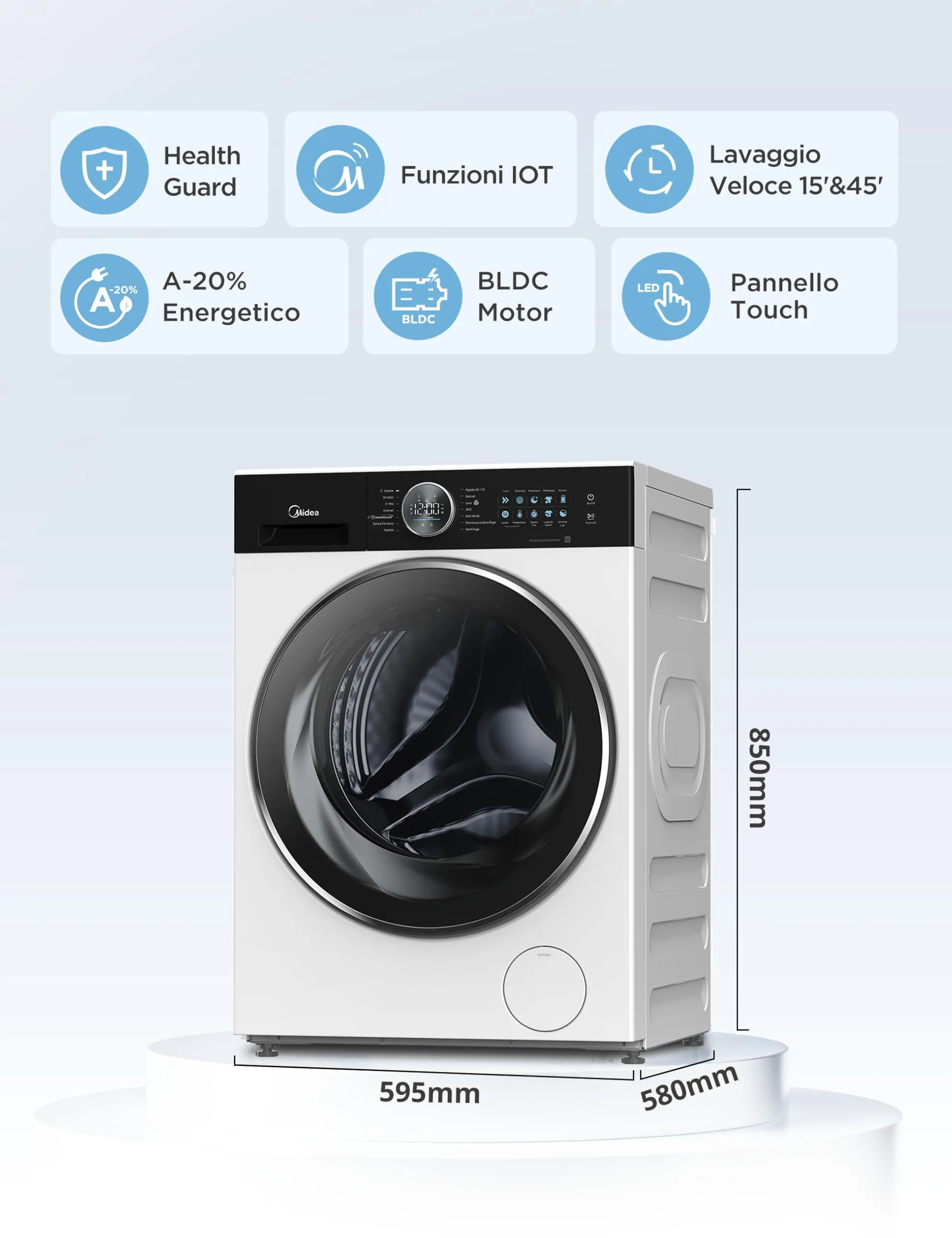 Midea MF21EW80B Lavatrice 8 kg Classe A-20% 1400 Giri Silent Inverter Motor - immagine 2