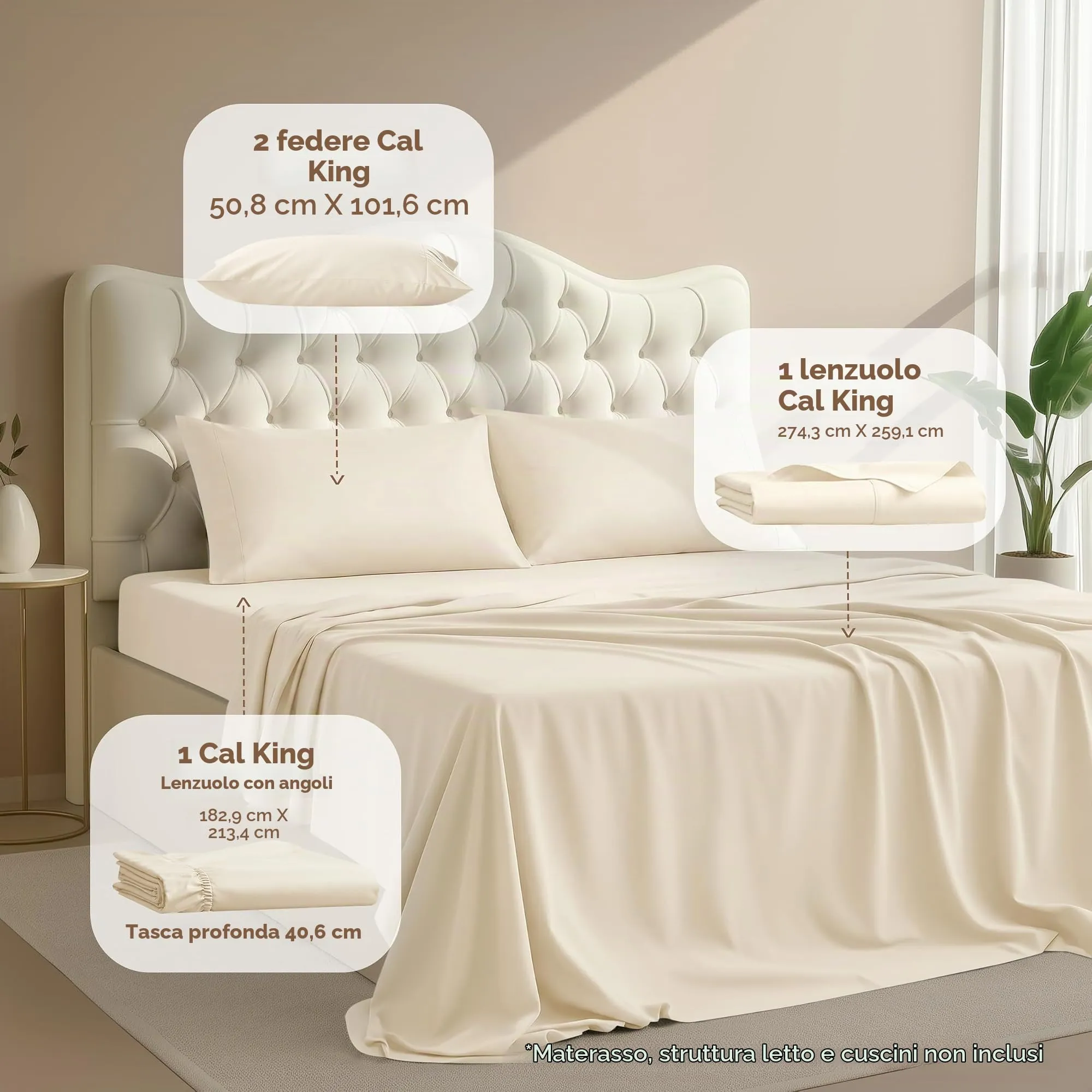 Utopia Bedding Set di lenzuola in microfibra, 4 pezzi, California King, Avorio - immagine 2