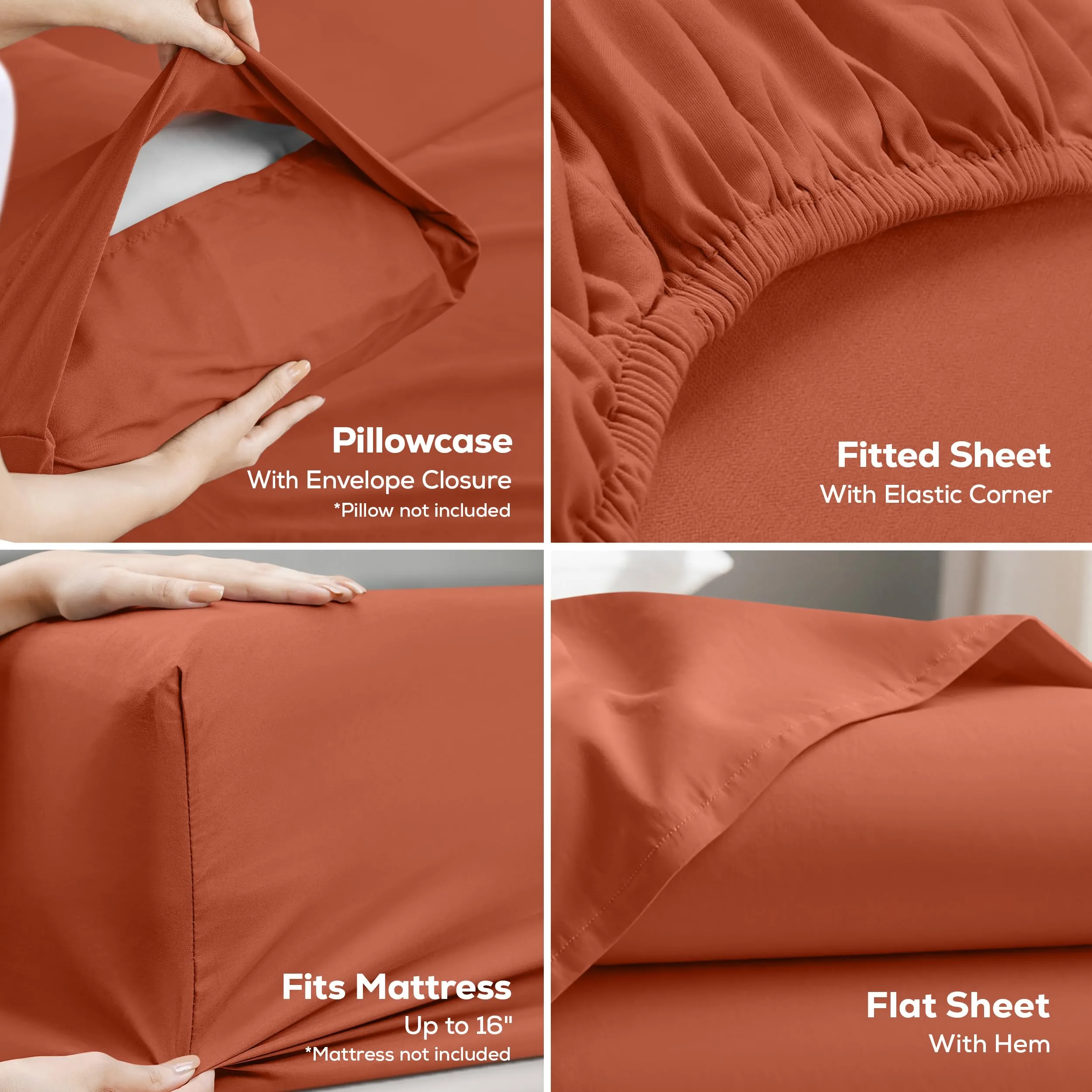 Utopia Bedding Set di lenzuola per letto matrimoniale, 4 pezzi, microfibra, Oeko-Tex, arancione - immagine 3