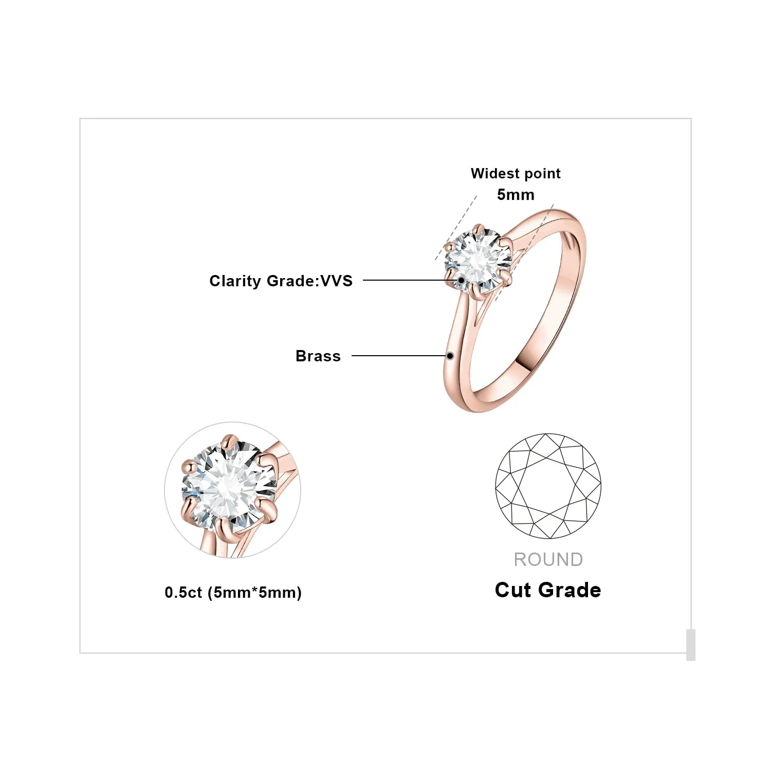 JewelryPalace 0.5ct Moissanite Solitaire Ring 14K Rose Gold Plated, Round Cut, Size 14.5 - immagine 2