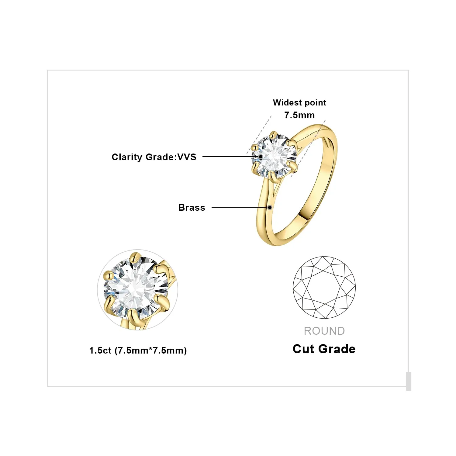 JewelryPalace Anello Solitario Donna 1.5ct Moissanite Placcato Oro Giallo 14K, Taglio Rotondo, Misura 13 - immagine 2