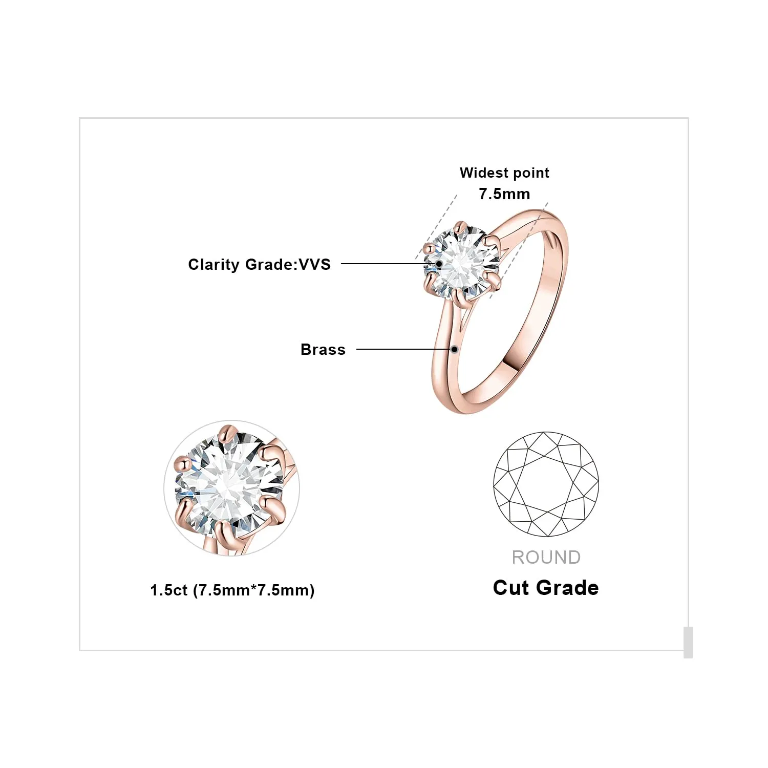 JewelryPalace 1.5ct Moissanite Solitaire Ring, 14K Rose Gold Plated, Round Cut Simulated Diamond, Size 22 - immagine 2