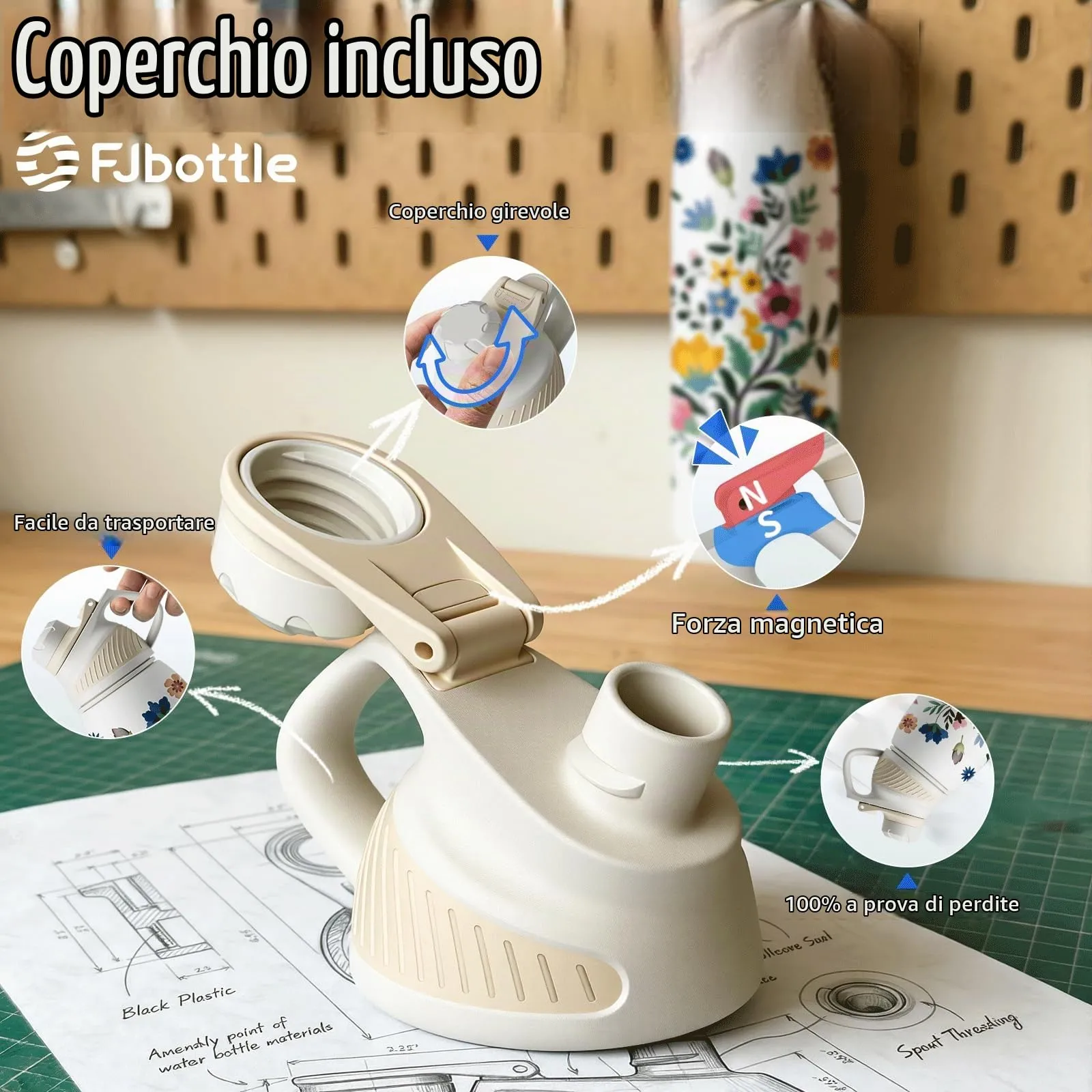 Fjbottle Borraccia Termica 1L con Tappo Magnetico, Design Floreale - immagine 2