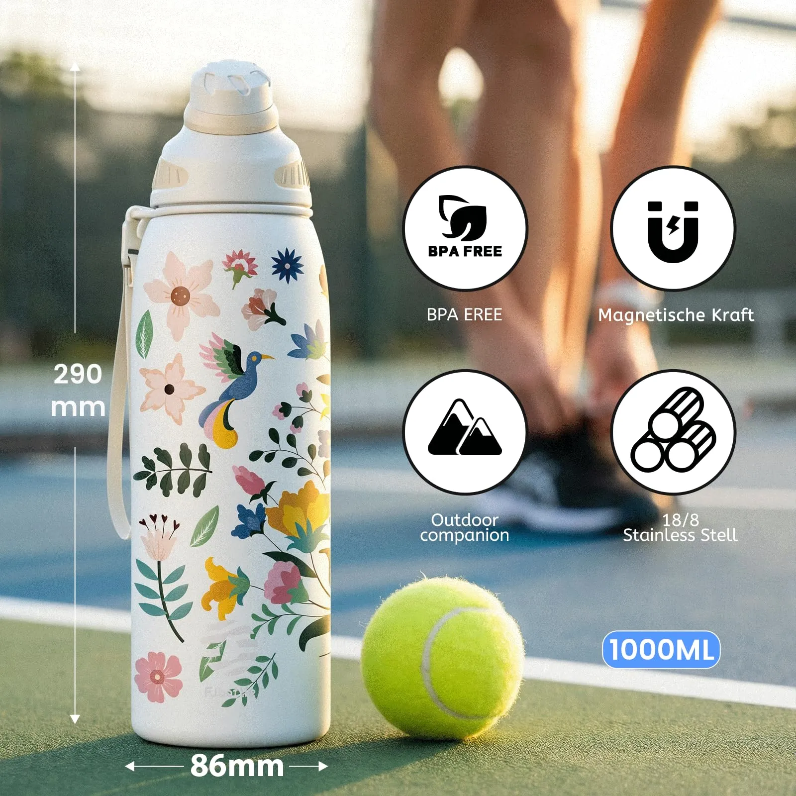 Fjbottle Borraccia Termica 1L con Tappo Magnetico, Design Floreale - immagine 4