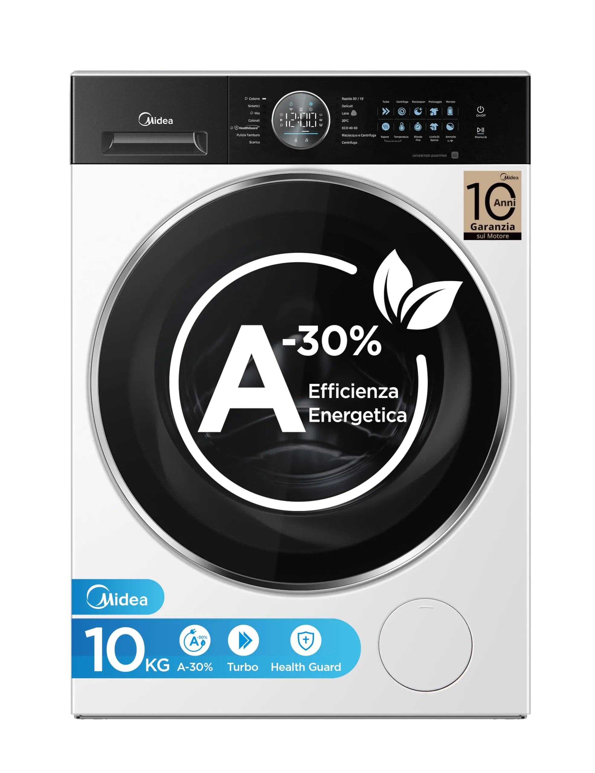 Midea Lavatrice 10 kg Classe A-30% 1400 Giri Silent Inverter Motor MF21EW100B Bianco - immagine 1