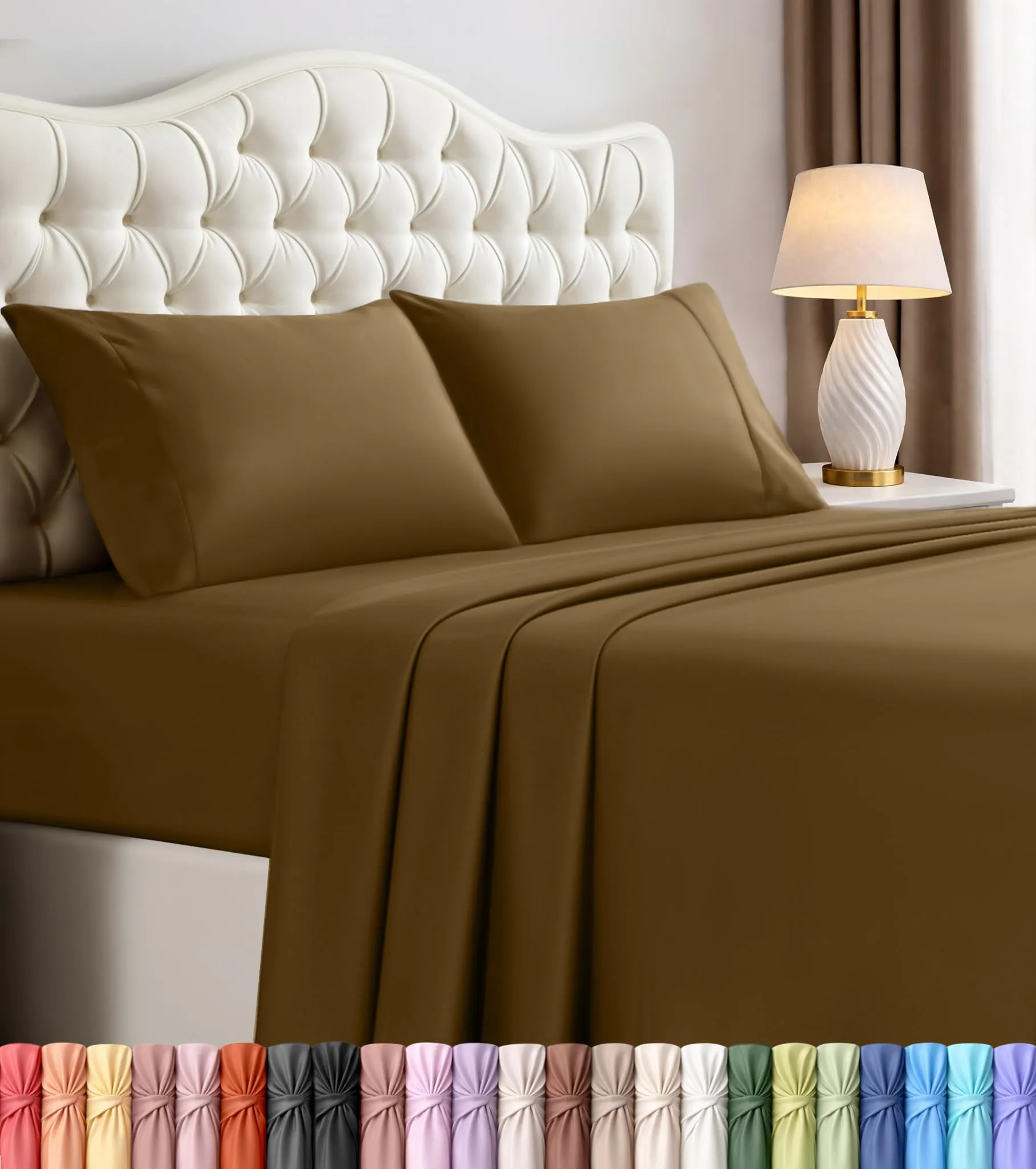 Utopia Bedding Set di lenzuola per letto matrimoniale, 4 pezzi, microfibra, Moka - immagine 1