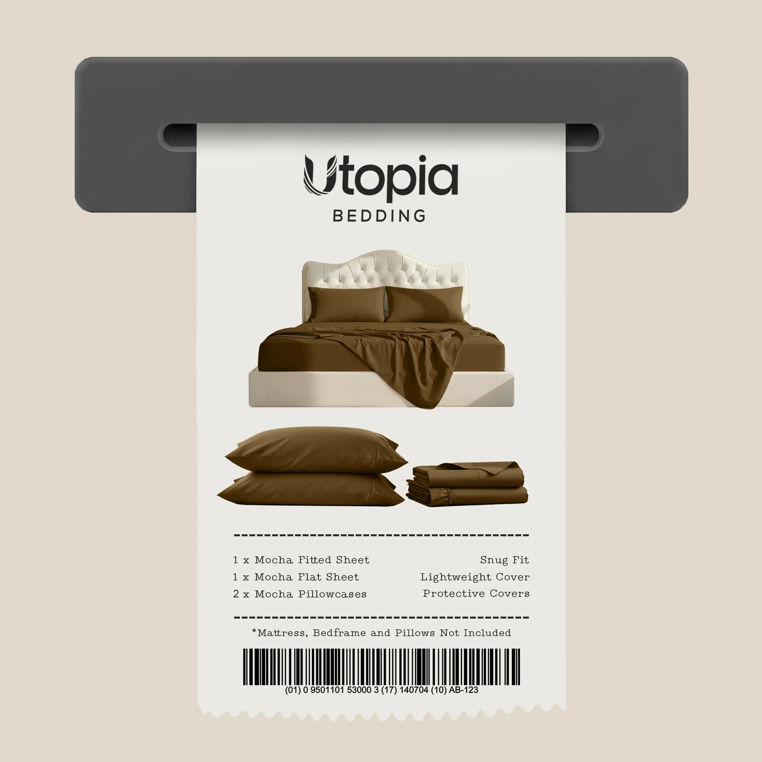Utopia Bedding Set di lenzuola per letto matrimoniale, 4 pezzi, microfibra, Moka - immagine 6