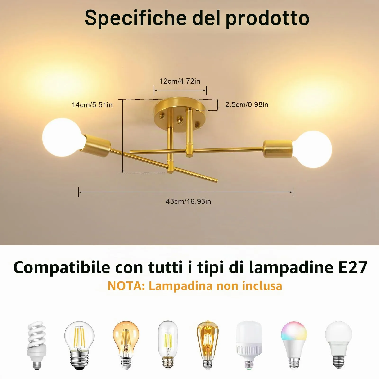 Comely Plafoniera Vintage Industriale, 2 Luci E27, Oro - immagine 5