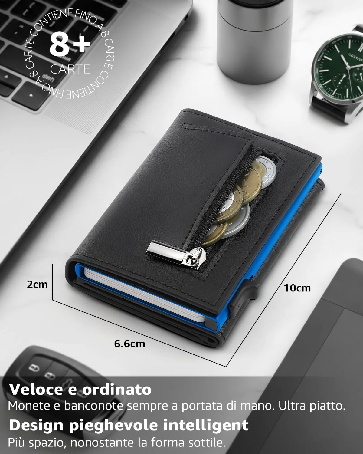 TEEHON Portafoglio Uomo Slim in Pelle con Protezione RFID e Meccanismo a Comparsa, HW1086 - Nero&Blu - immagine 2