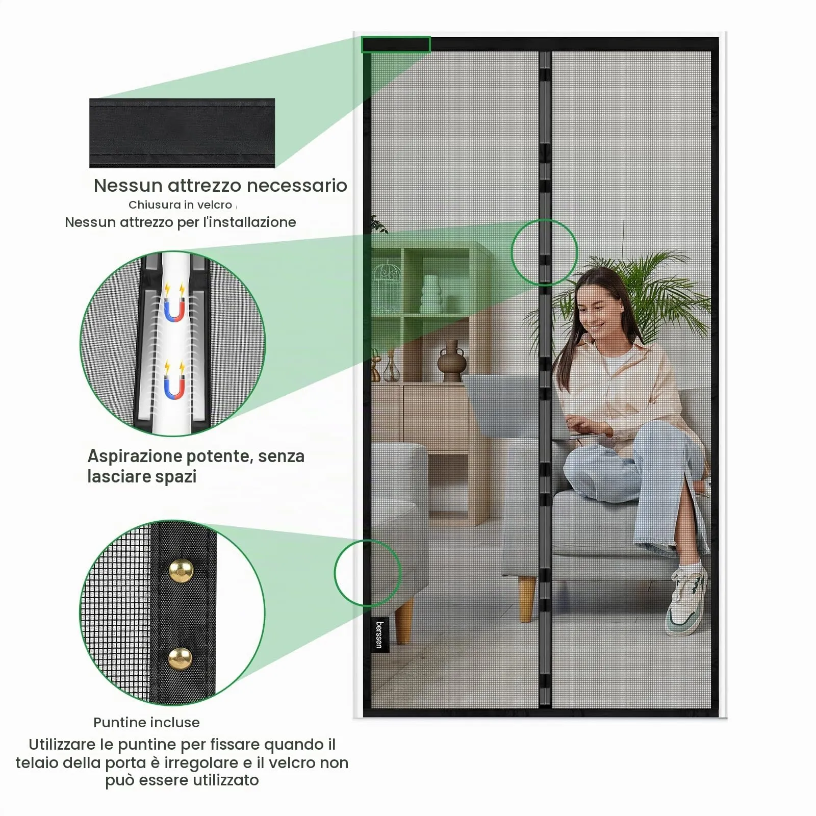 Berssen Zanzariera Magnetica Ignifuga 100 x 220 cm Nero - immagine 4
