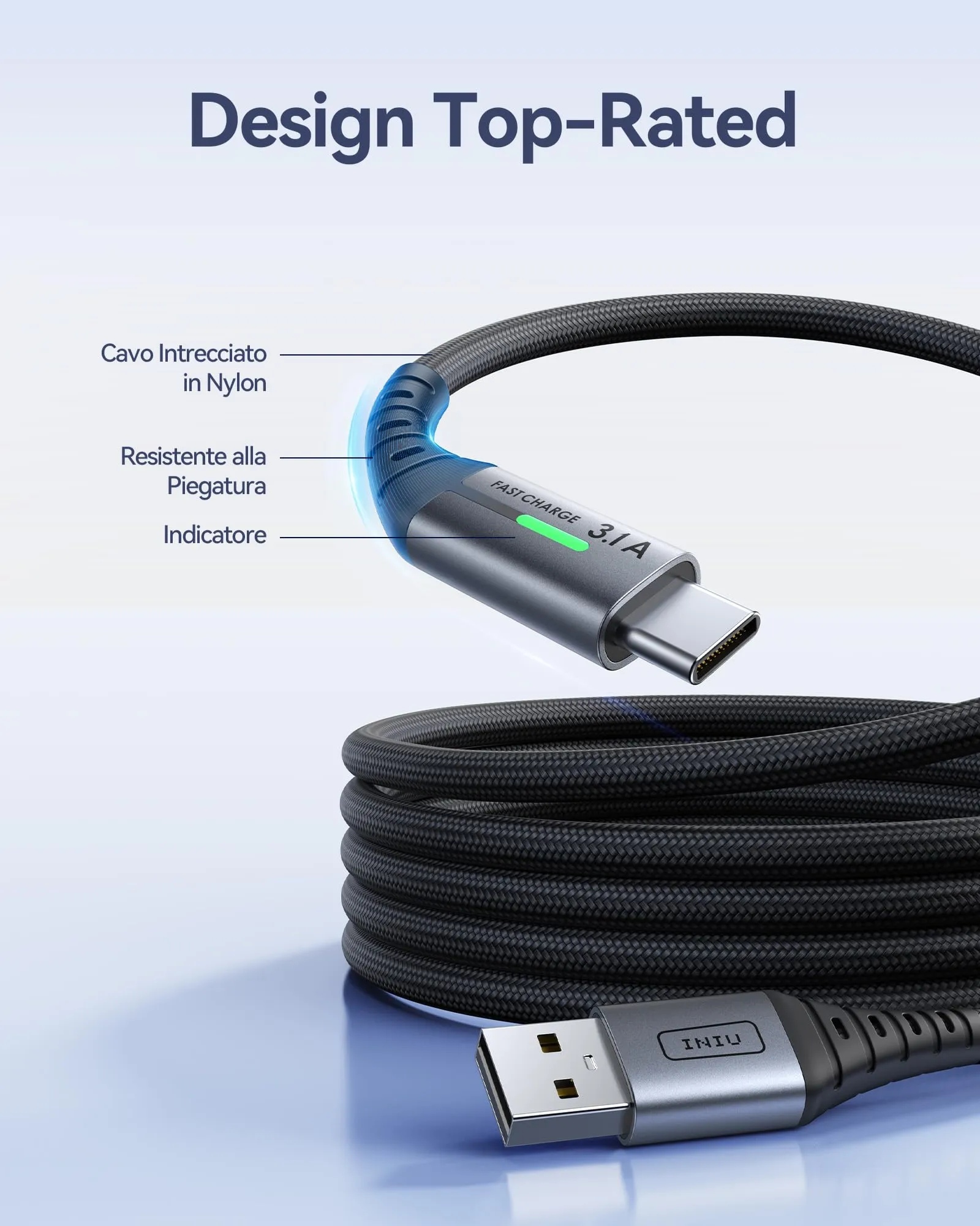 INIU Cavo USB A USB C, 3.1A Ricarica Rapida, Nylon (5 Pezzi: 0.5m, 1m, 1m, 2m, 2m) - immagine 4