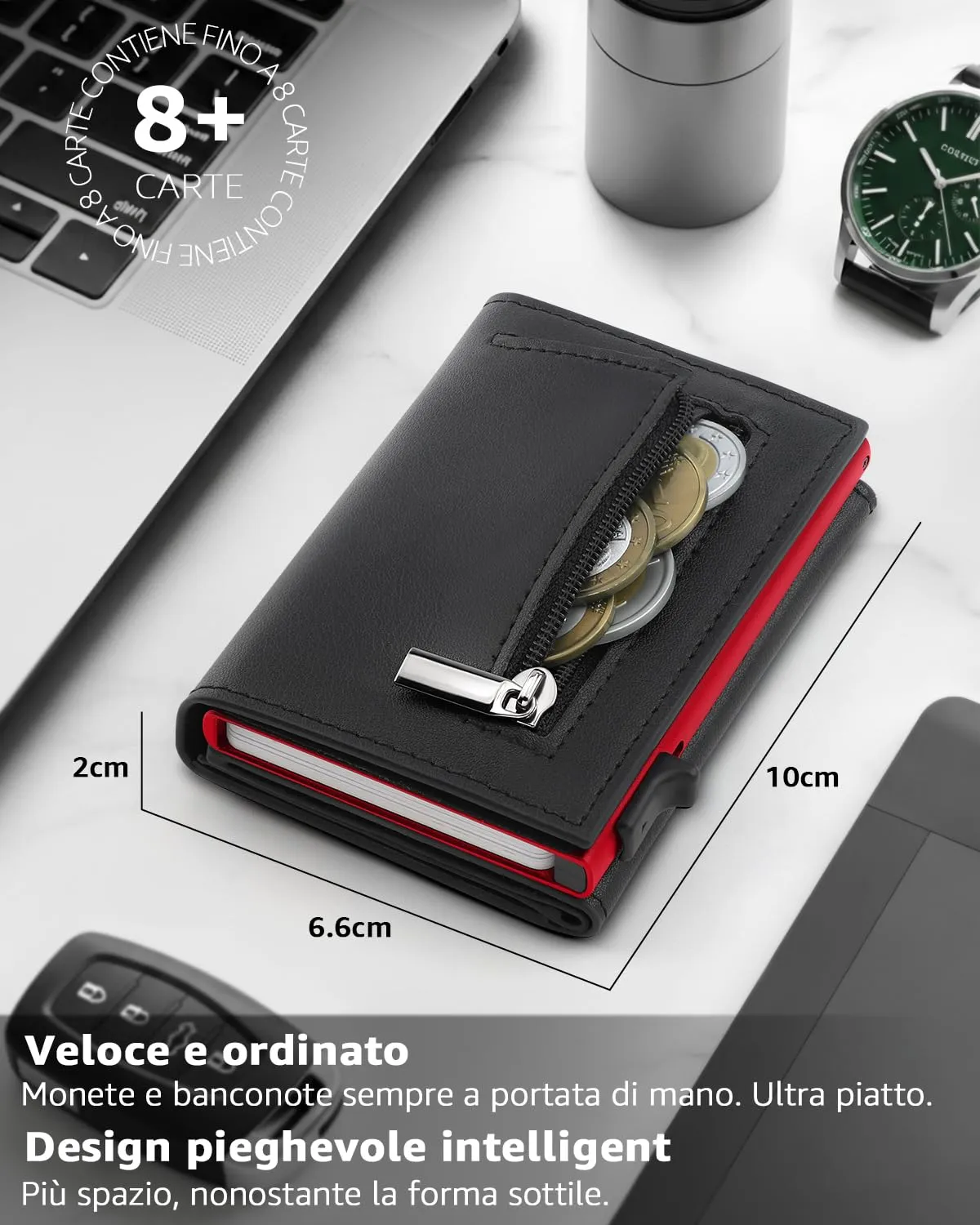 TEEHON Portafoglio Uomo Slim in Pelle con Protezione RFID, Portacarte e Portamonete (Rosso) - immagine 2