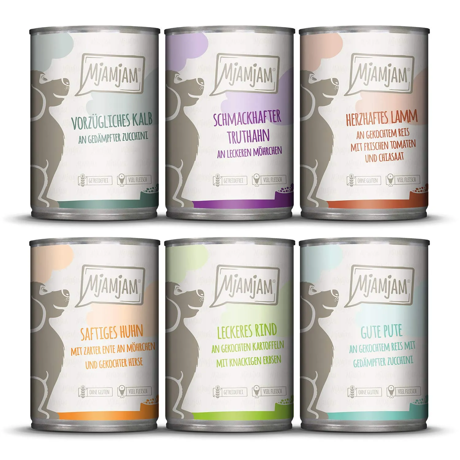 MjAMjAM Cibo Umido Premium per Cani Confezione Mista II Pollo, Anatra, Manzo, Tacchino, Vitello, Agnello (6 x 400 g) - immagine 1