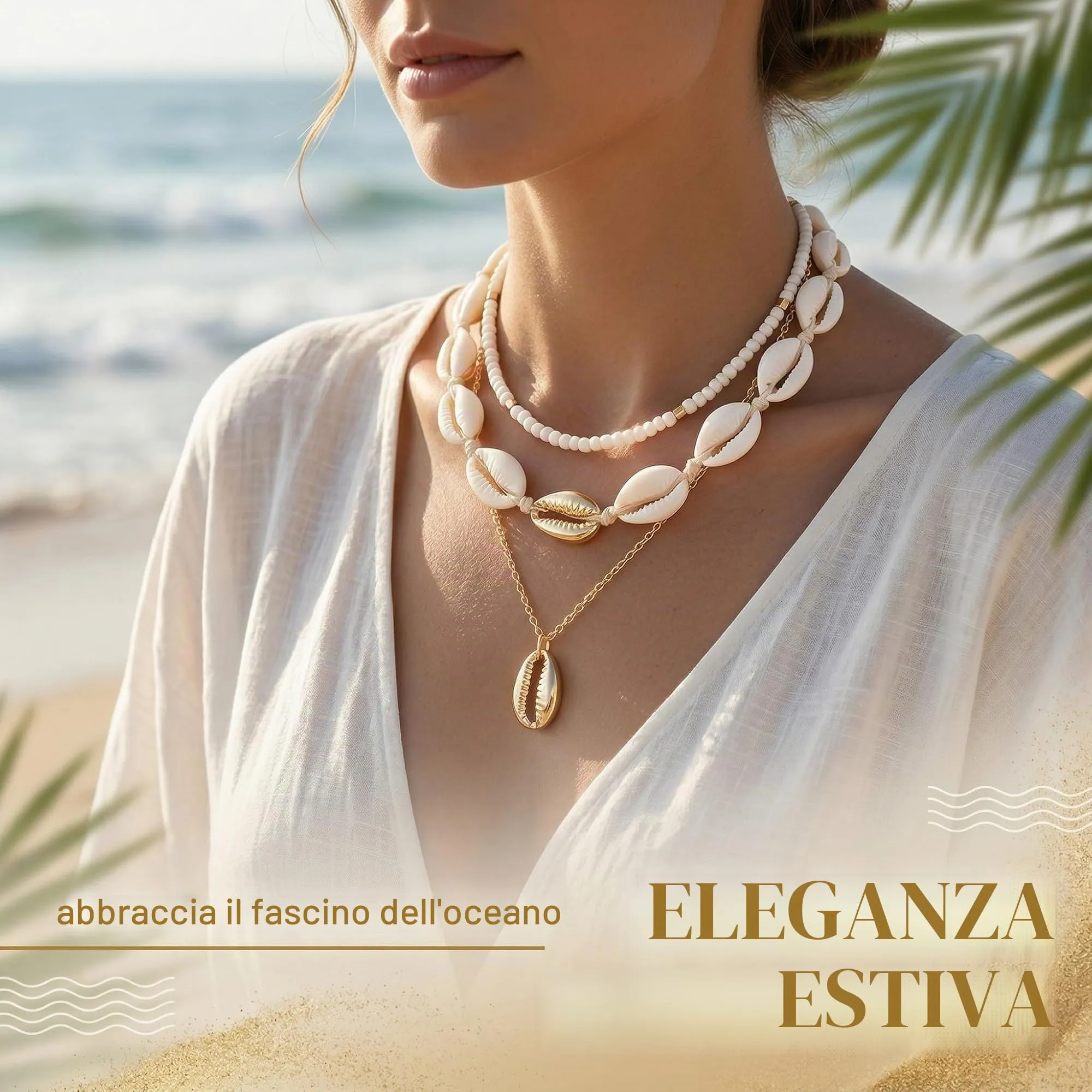 MYZWEL Set di 3 Collane con Conchiglie e Perline in Legno, Stile Surfista Boho Hawaiano, Regolabili per Uomo e Donna - immagine 2