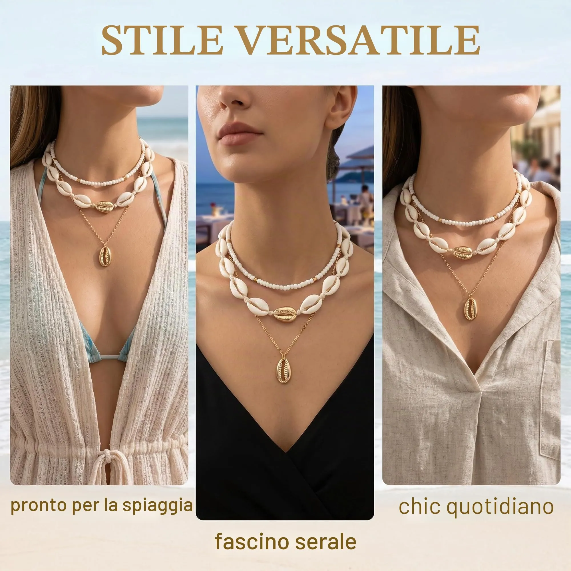 MYZWEL Set di 3 Collane con Conchiglie e Perline in Legno, Stile Surfista Boho Hawaiano, Regolabili per Uomo e Donna - immagine 5