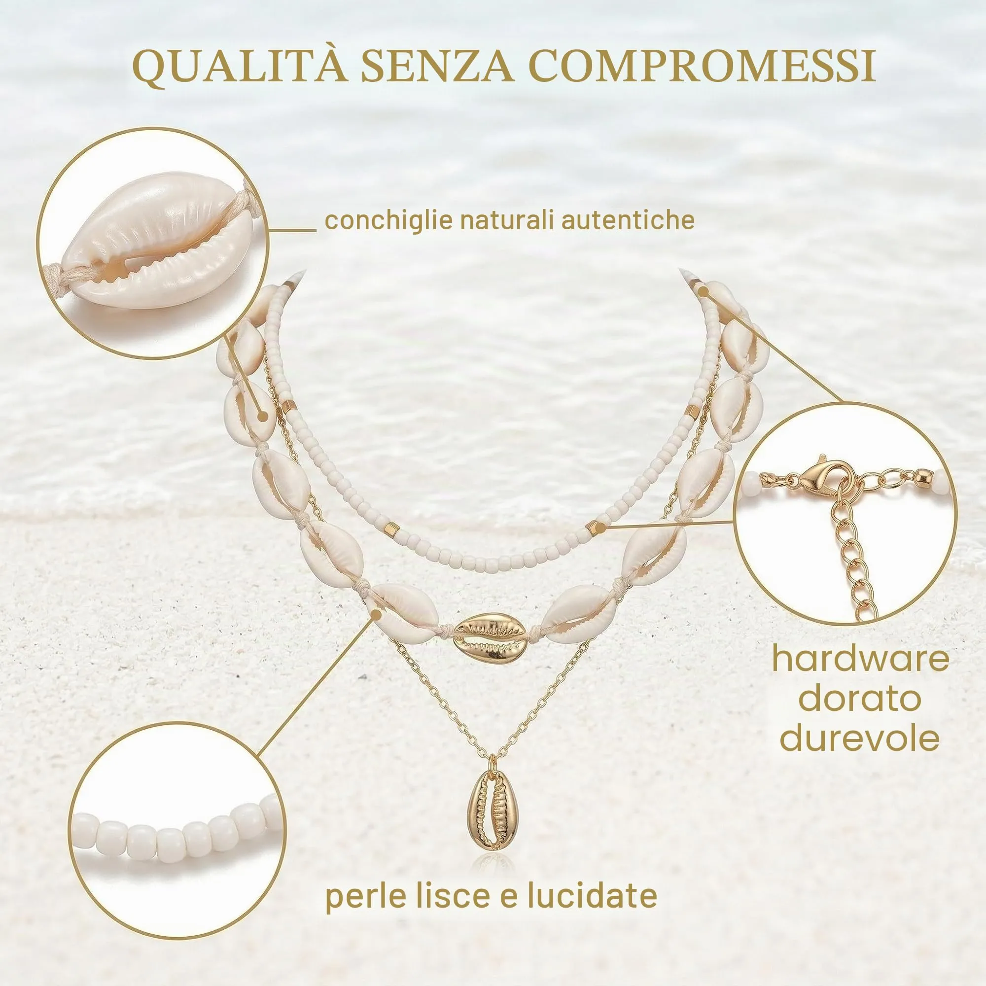 MYZWEL Set di 3 Collane con Conchiglie e Perline in Legno, Stile Surfista Boho Hawaiano, Regolabili per Uomo e Donna - immagine 7