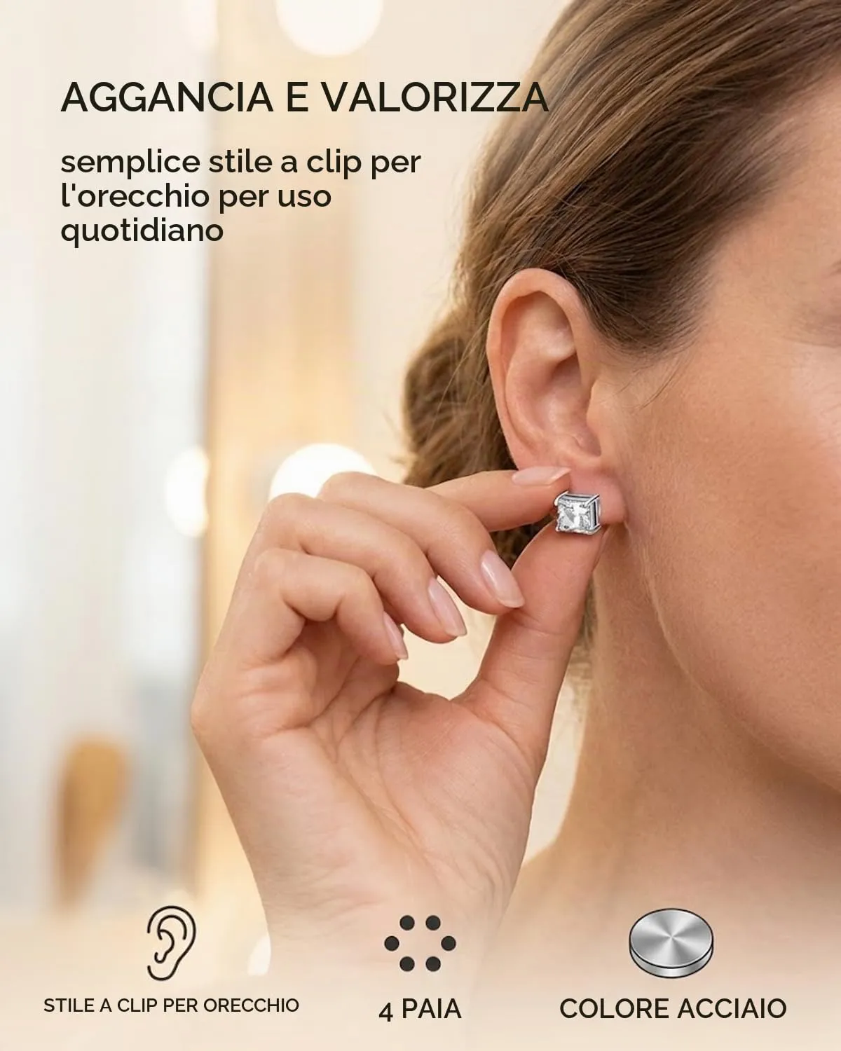 BTACGWP Orecchini Magnetici Senza Buco, 4 Paia, Finitura Acciaio, 6 mm - immagine 4