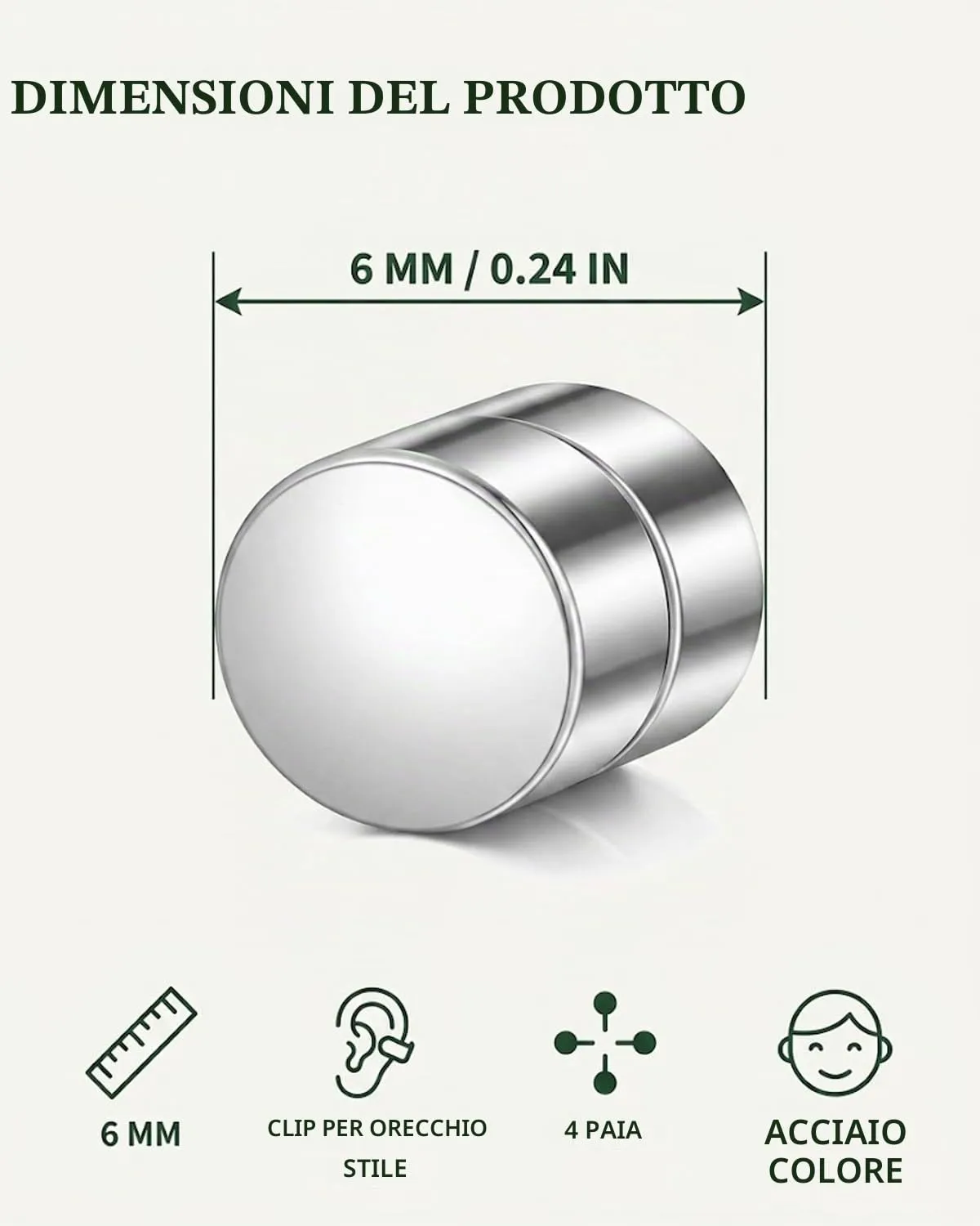 BTACGWP Orecchini Magnetici Senza Buco, 4 Paia, Finitura Acciaio, 6 mm - immagine 5