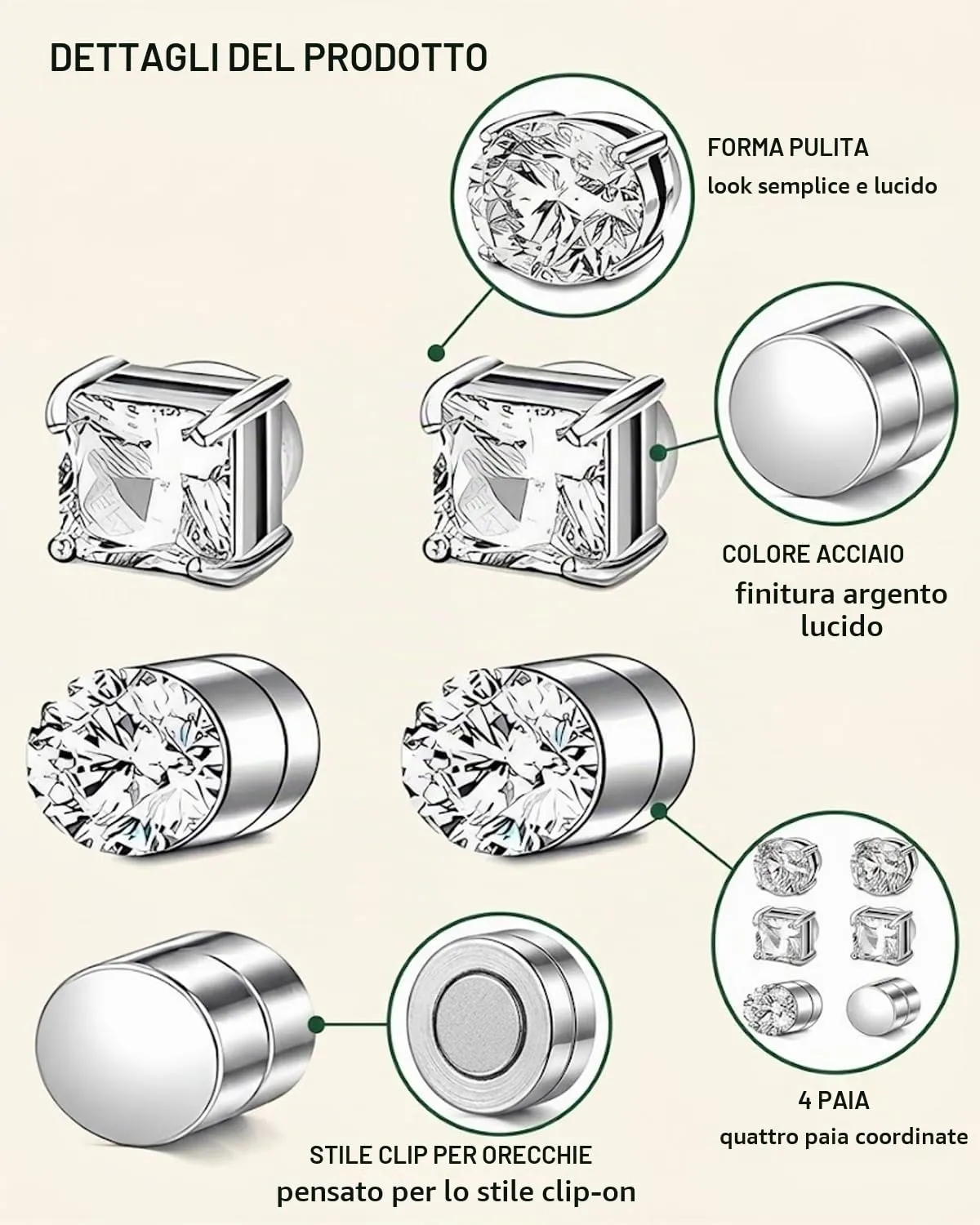 BTACGWP Orecchini Magnetici Senza Buco, 4 Paia, Finitura Acciaio, 6 mm - immagine 6