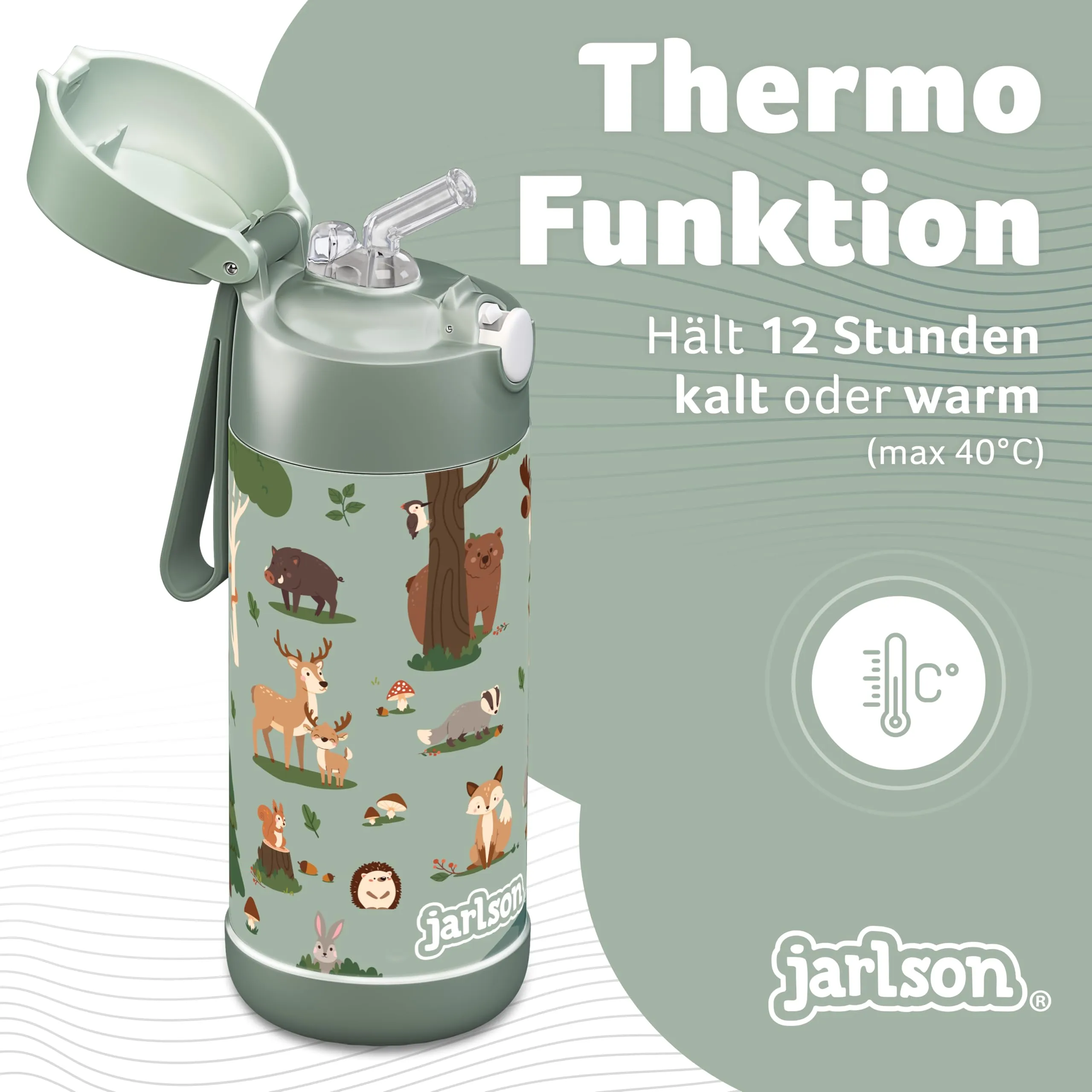 Jarlson Borraccia Termica Bambini Charli con Cannuccia, Acciaio Inox, 350 ml, Animali della foresta - immagine 2